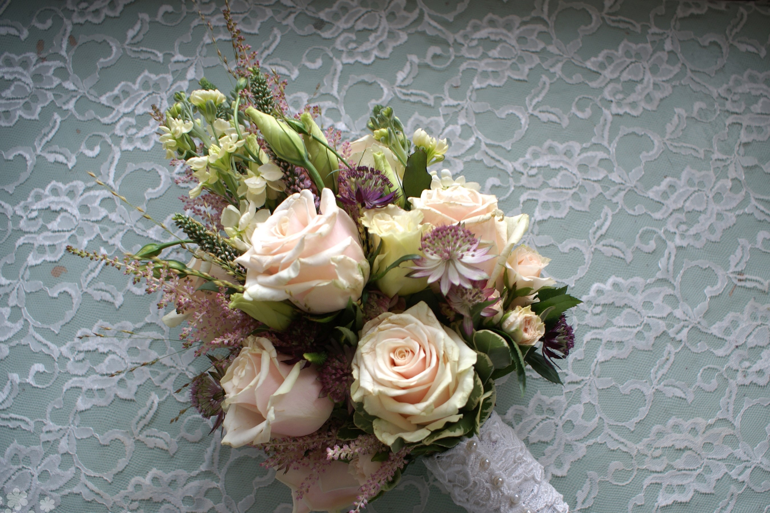 Bouquet of Roses and Eustoma on Lace Background HD Wallpaper