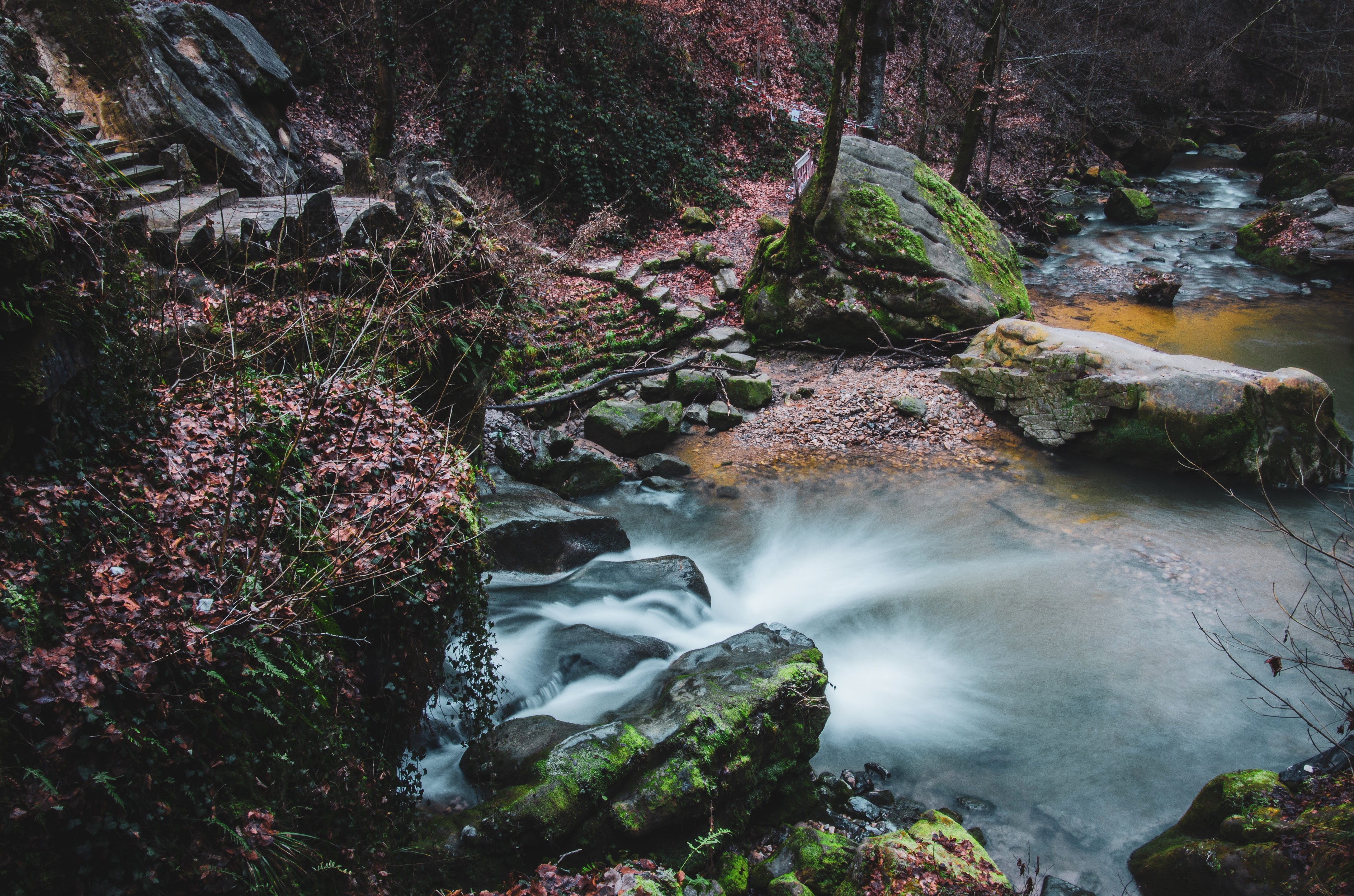 Schiessentumpel Cascade waterfall in Luxembourg with mossy stones HD Wallpaper