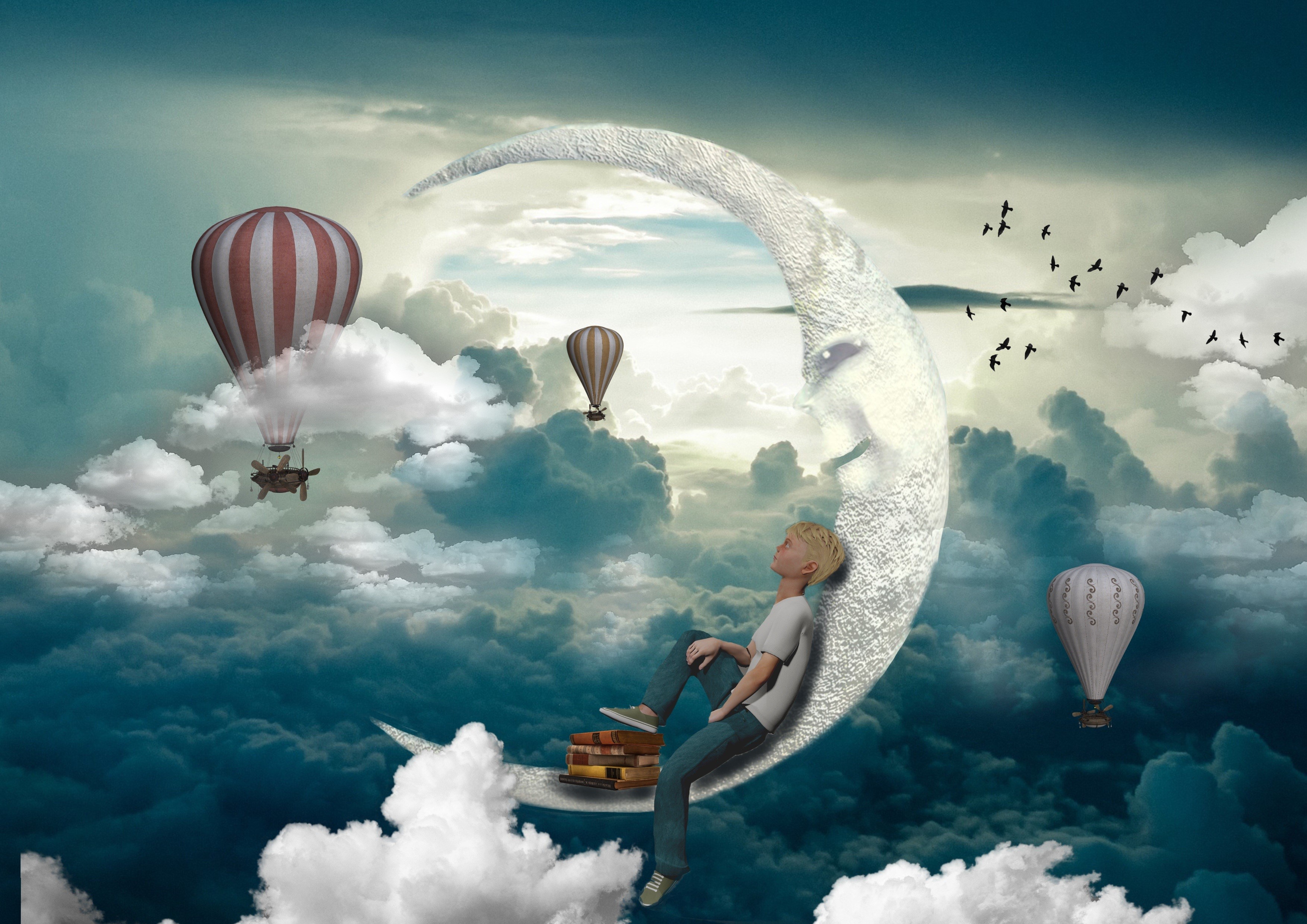 Boy sitting on crescent moon with hot air balloons HD Wallpaper