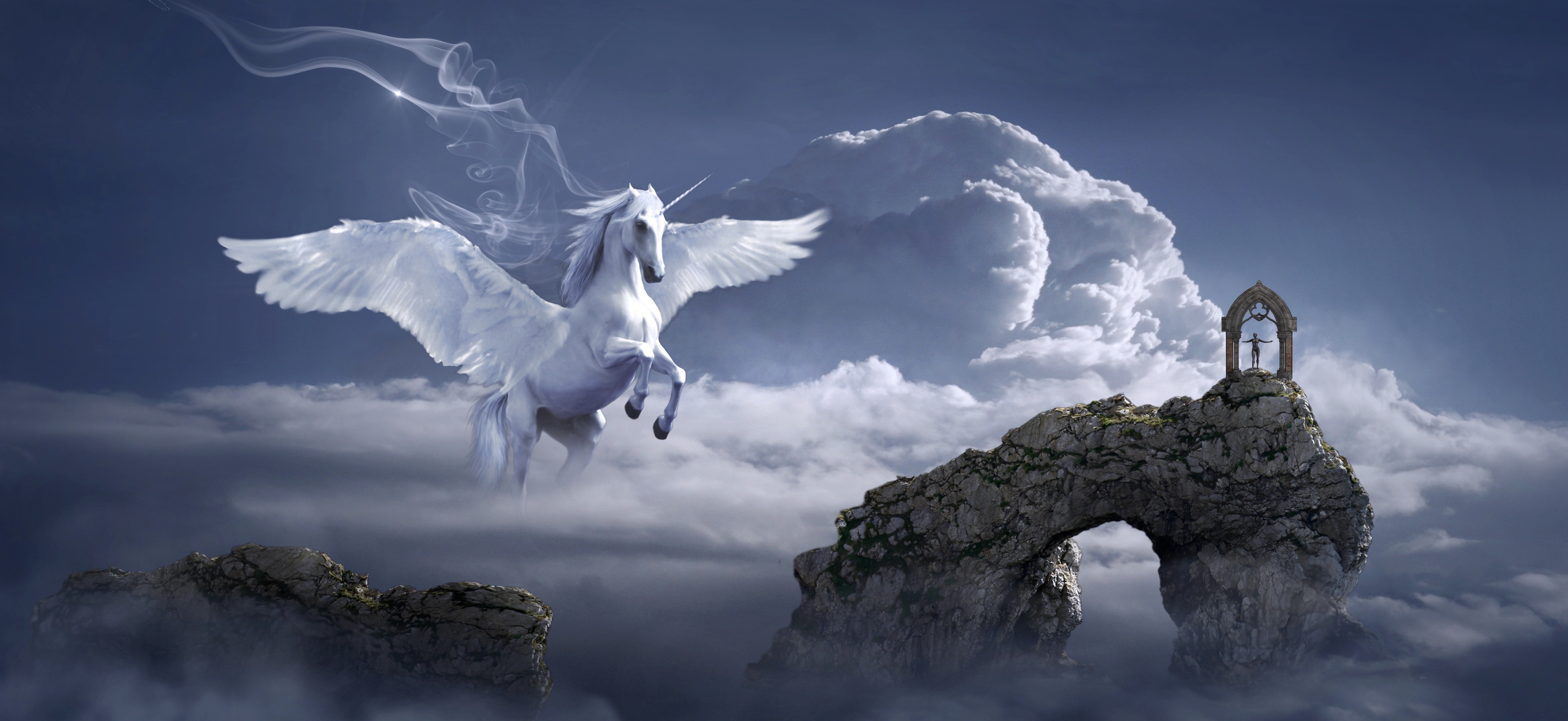 Pegasus flying near rock arch with person HD Wallpaper