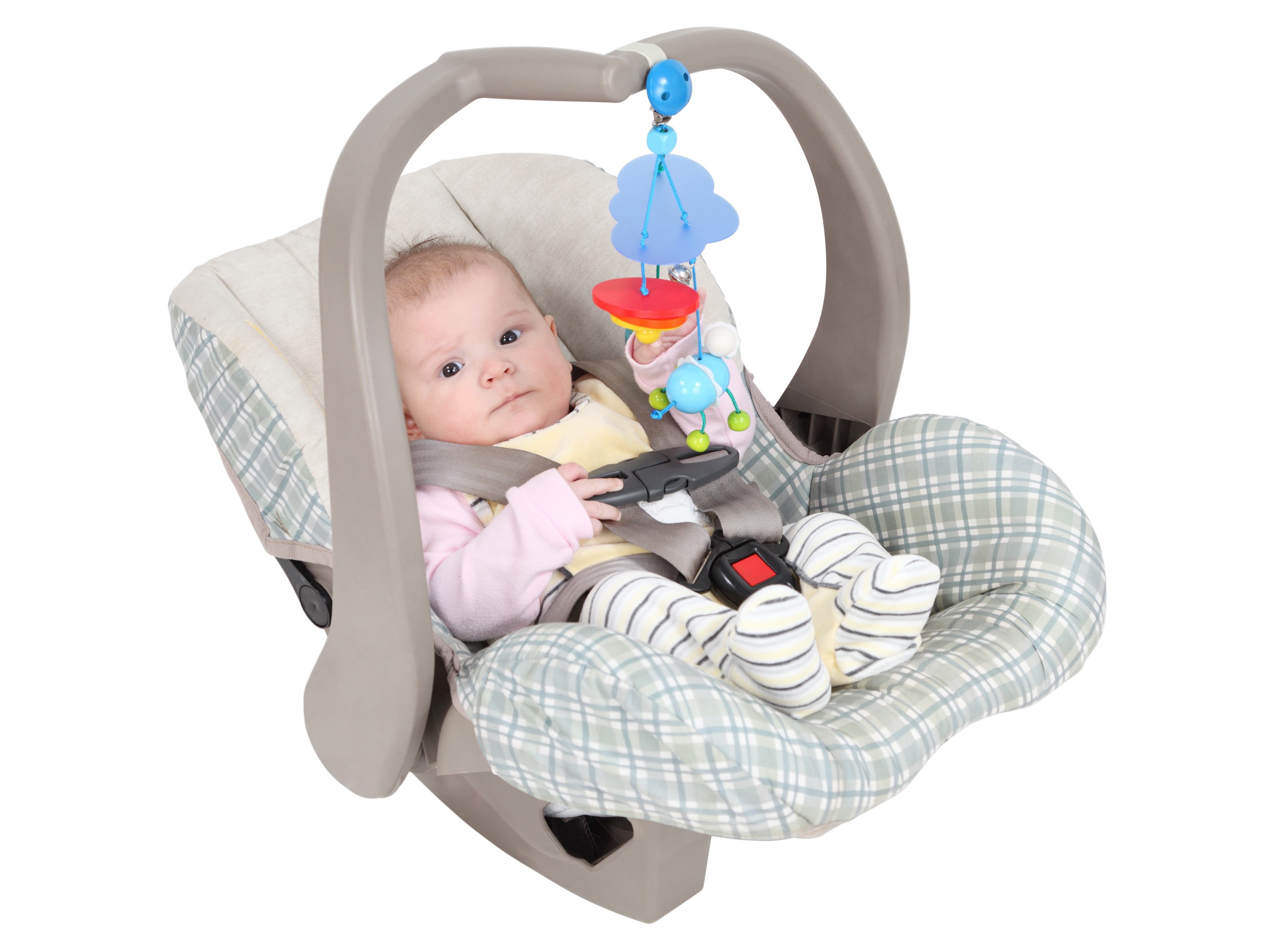 Baby in a car seat with toys HD Wallpaper