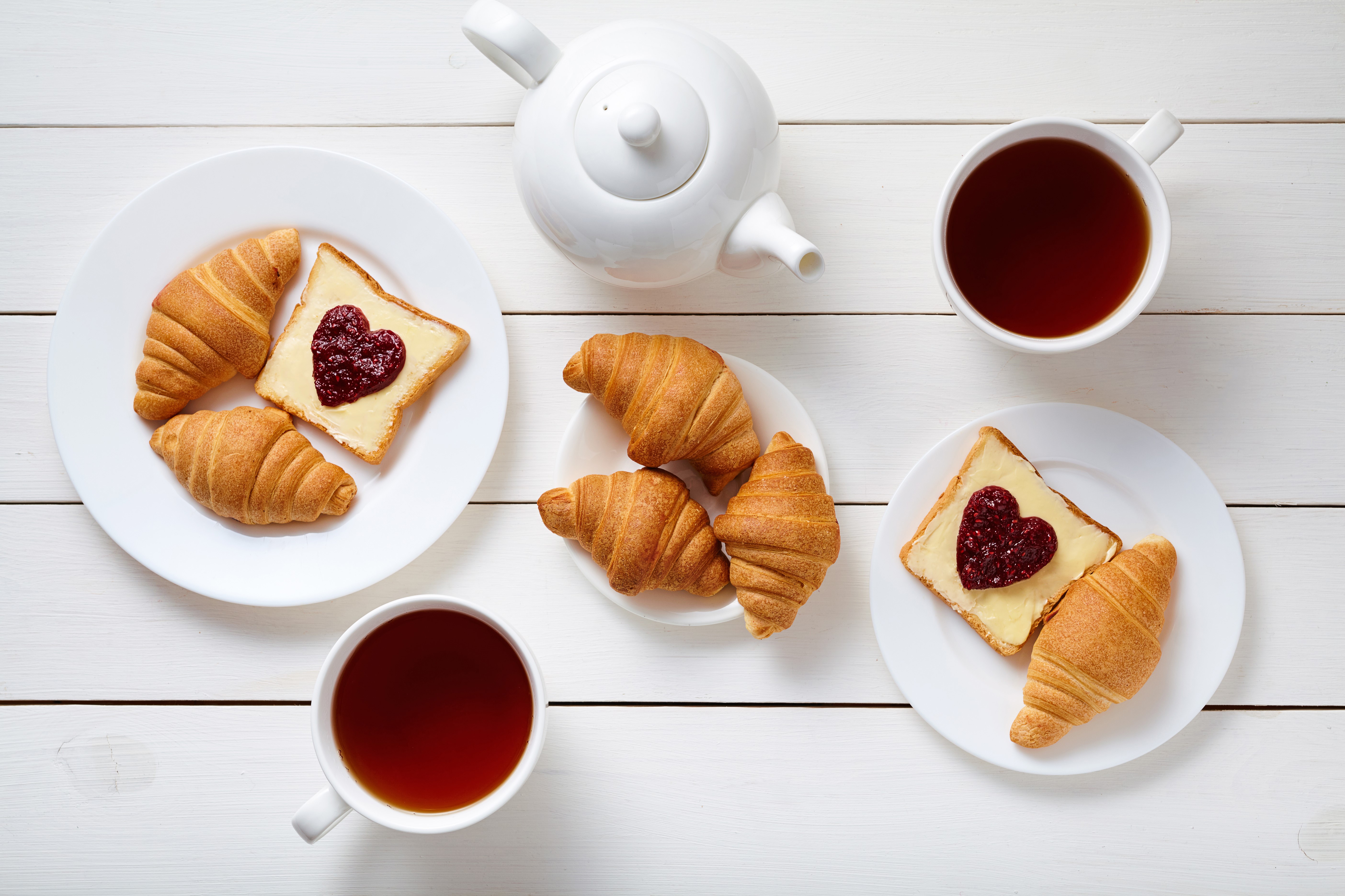 Breakfast with Tea, Croissants, and Heart-Shaped Jam Toast HD Wallpaper