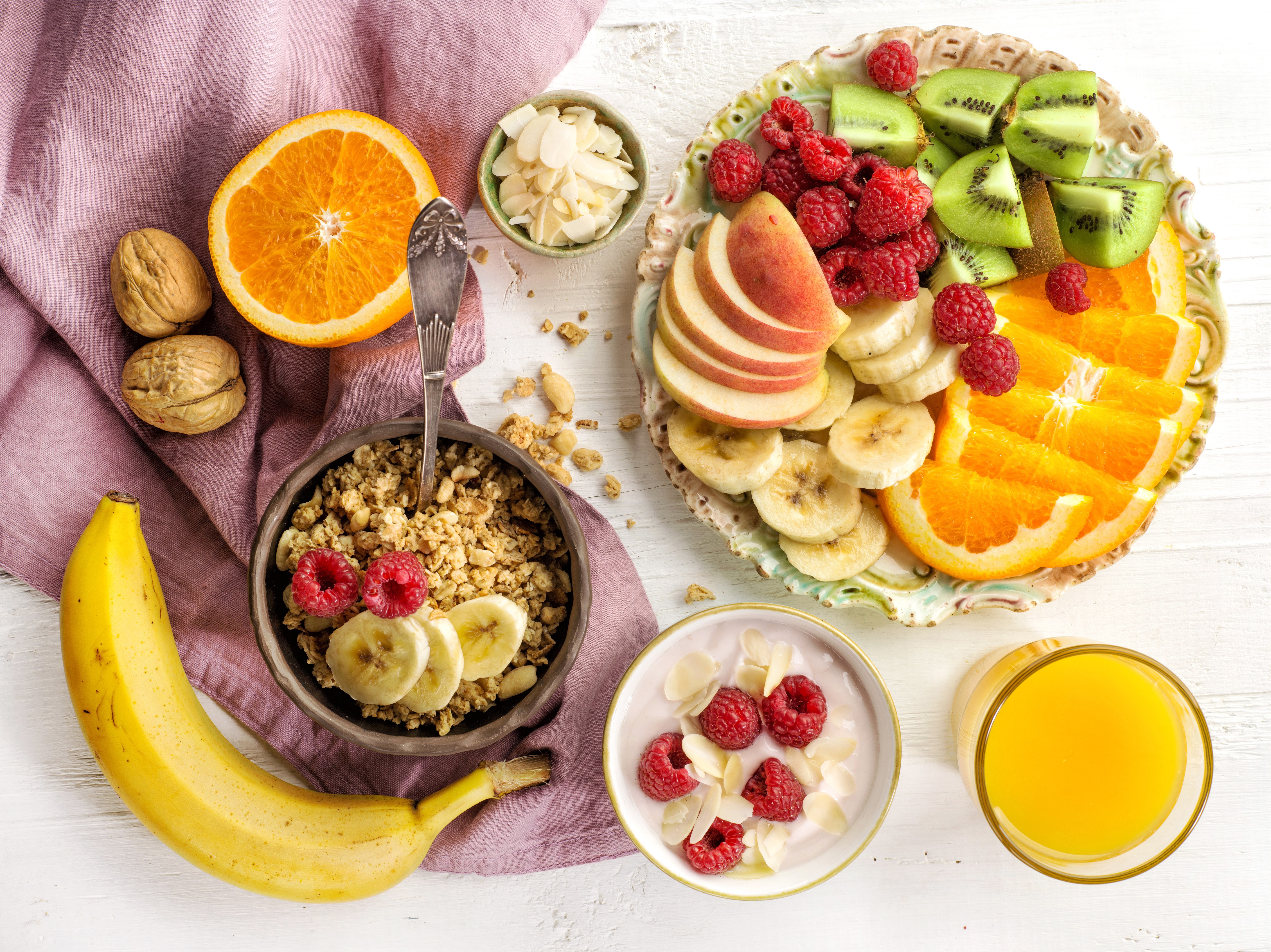 Healthy Breakfast with Muesli, Fruits, Nuts, and Orange Juice HD Wallpaper