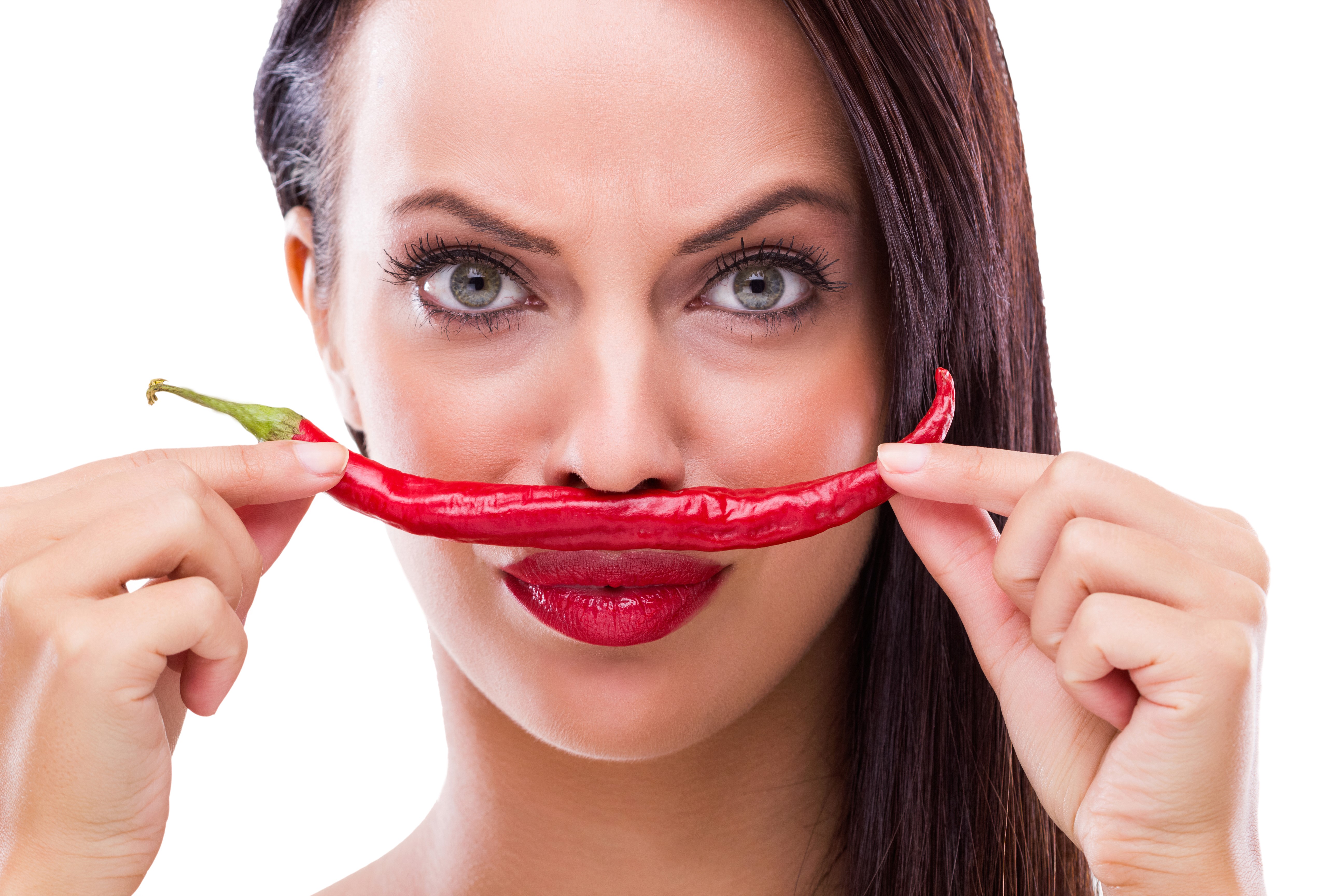 Woman with chili pepper mustache on white background HD Wallpaper