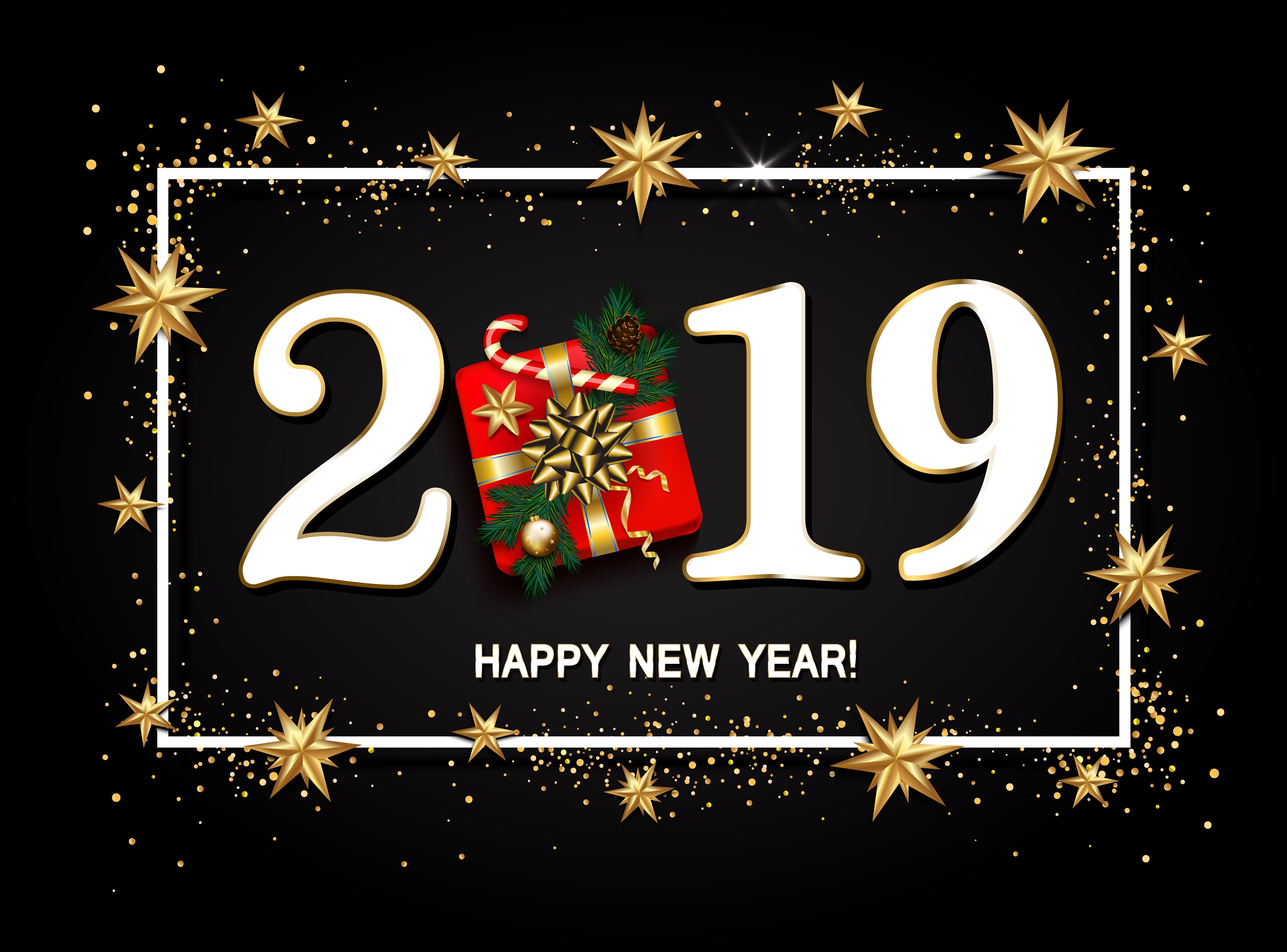 Happy New Year 2019 greeting with gift and stars HD Wallpaper