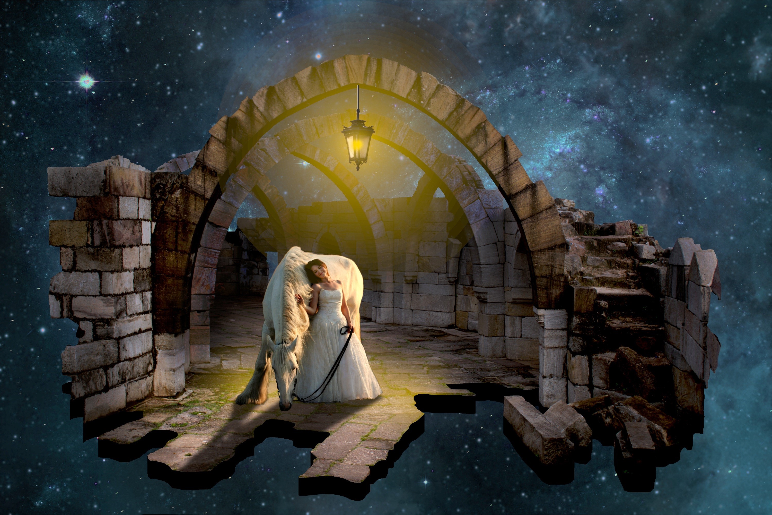 Woman in white dress with white horse in ruined arches under starry sky HD Wallpaper