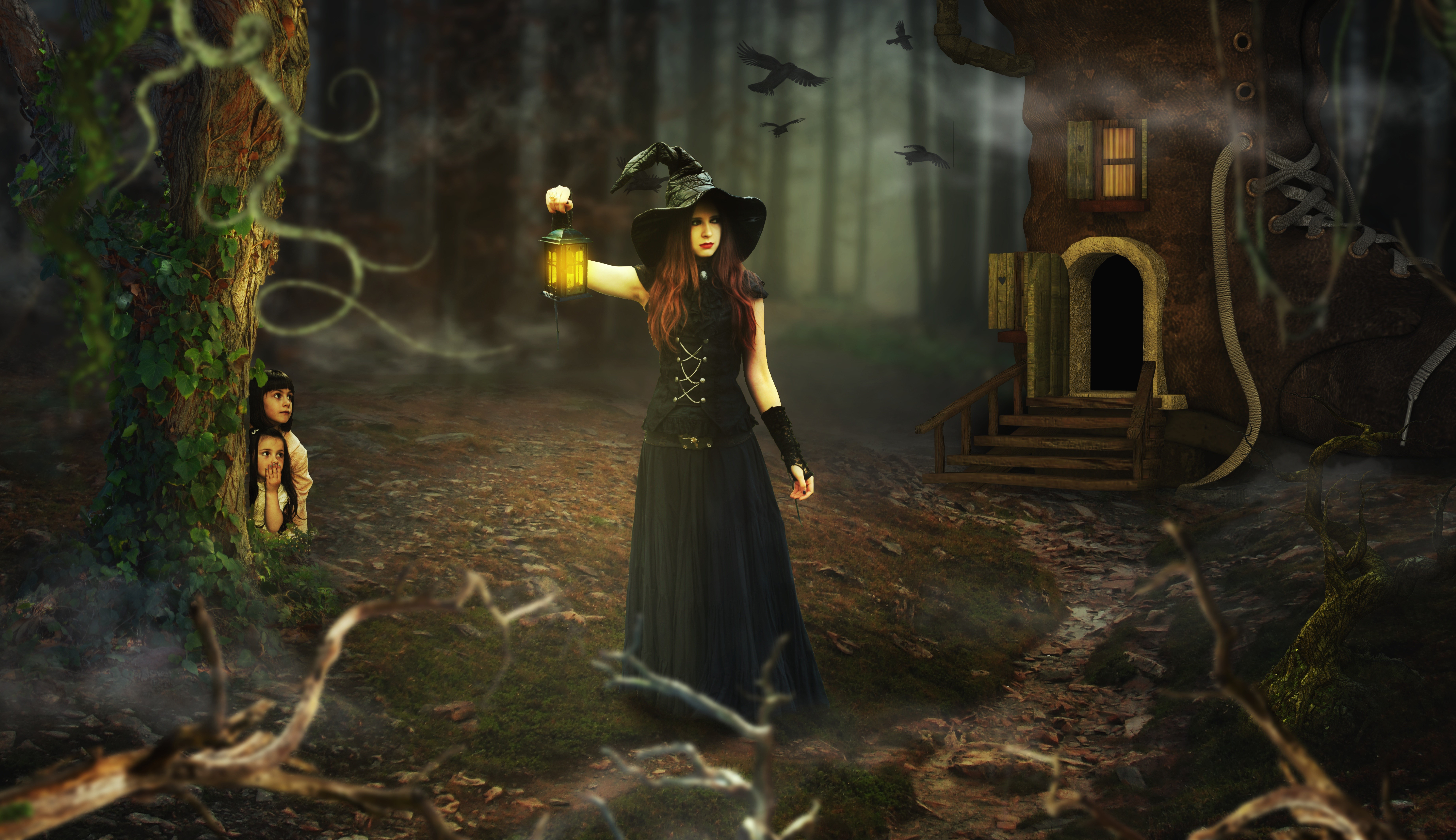 Witch with Lantern and Children in Forest HD Wallpaper