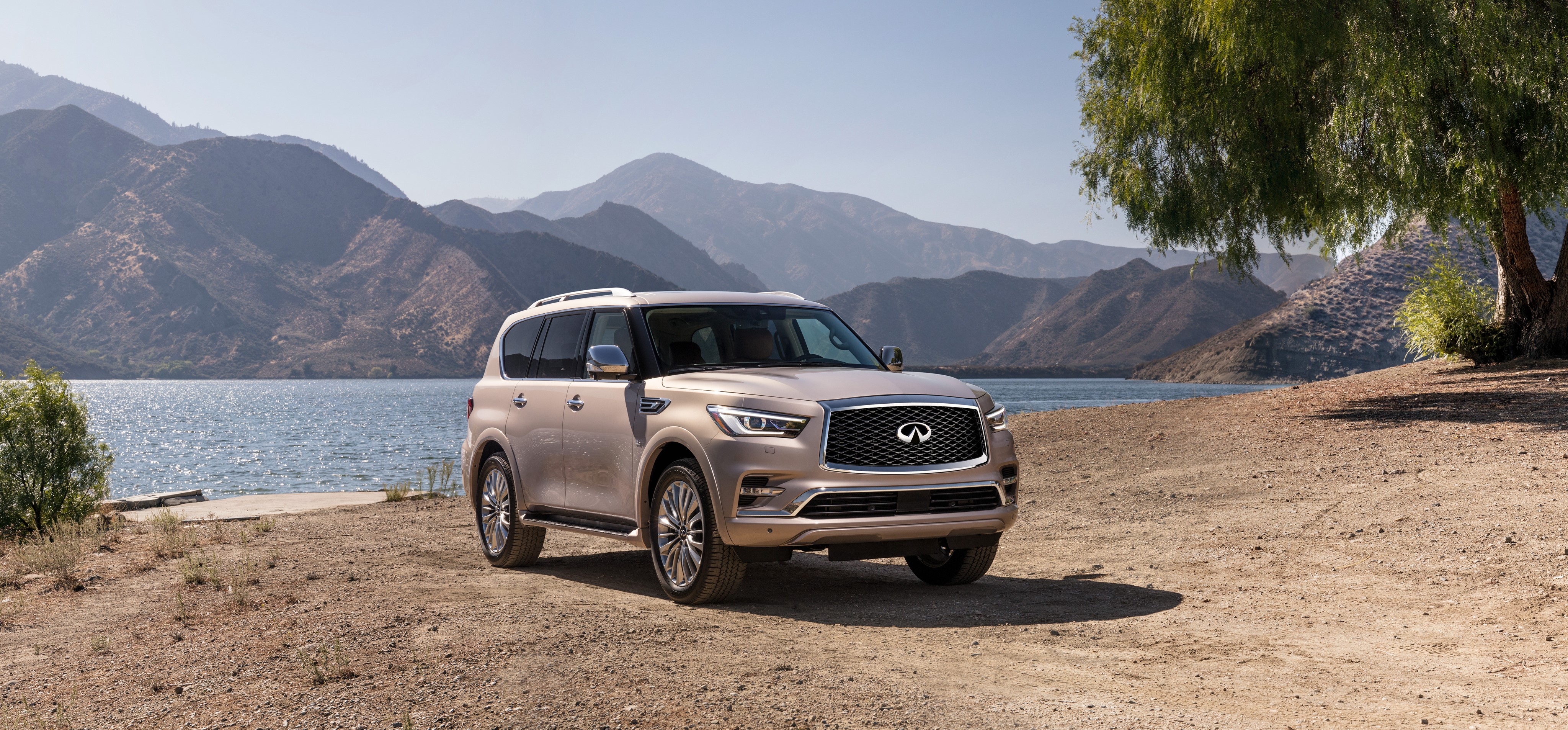 2018 Infiniti QX80 SUV by a lake HD Wallpaper