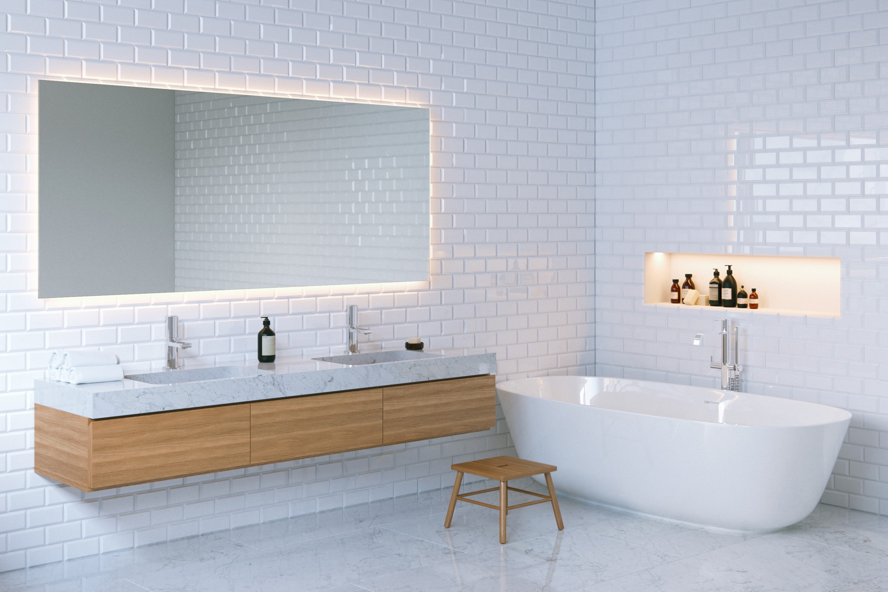 Modern Bathroom with Bathtub and Double Vanity HD Wallpaper