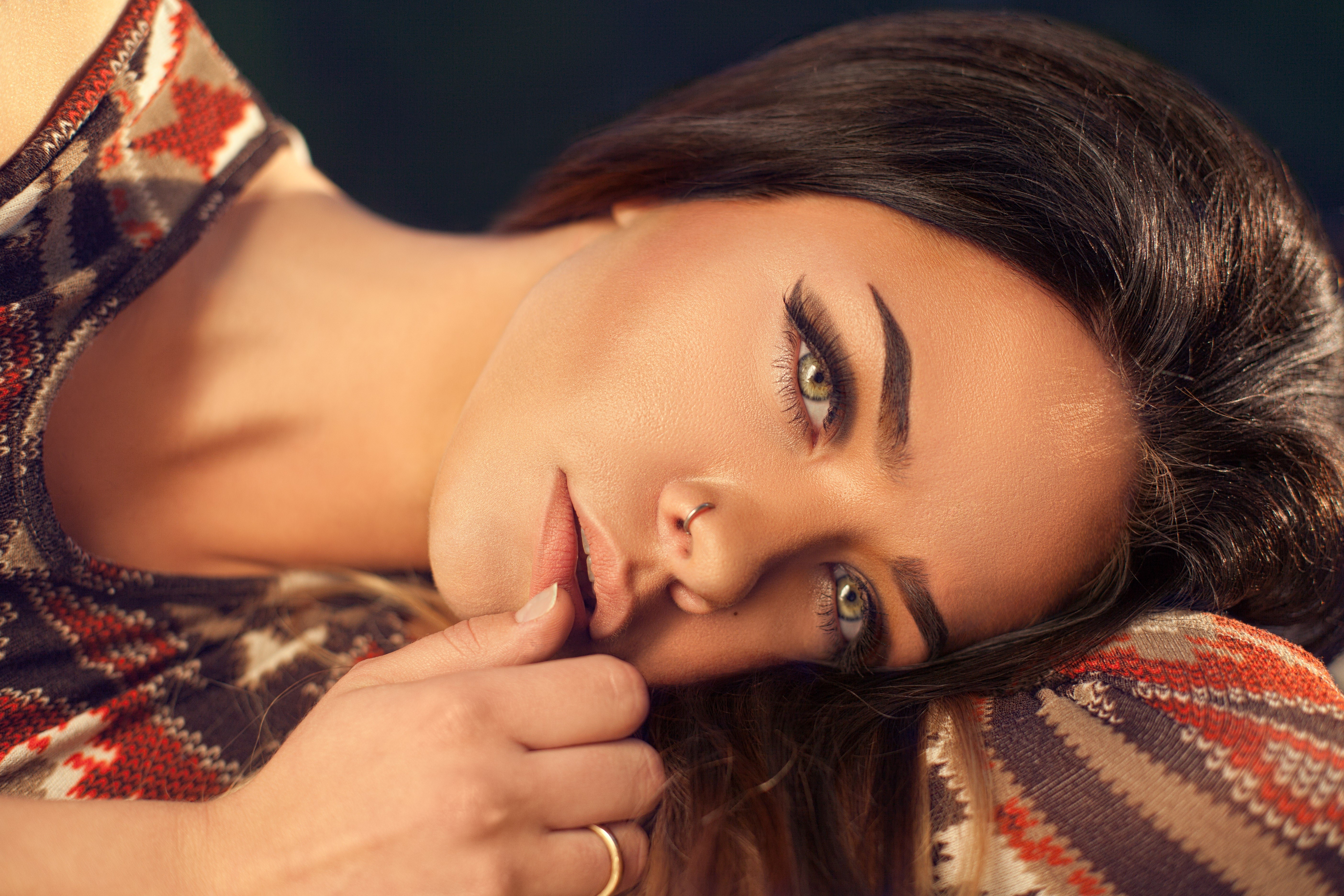 Brunette girl with body piercing and ring HD Wallpaper