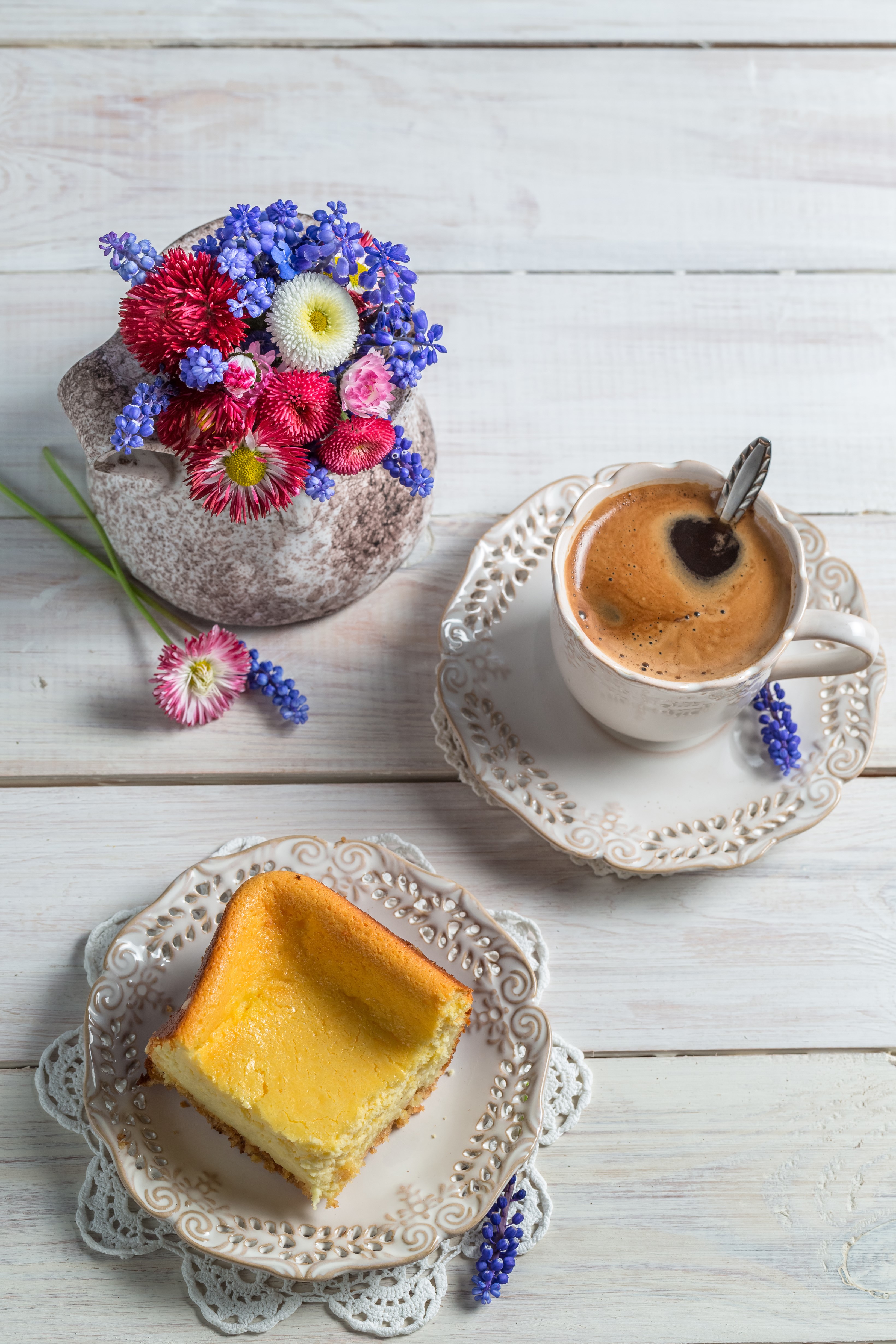 Coffee, Cheesecake, and Spring Flowers on Wooden Table HD Phone Wallpaper