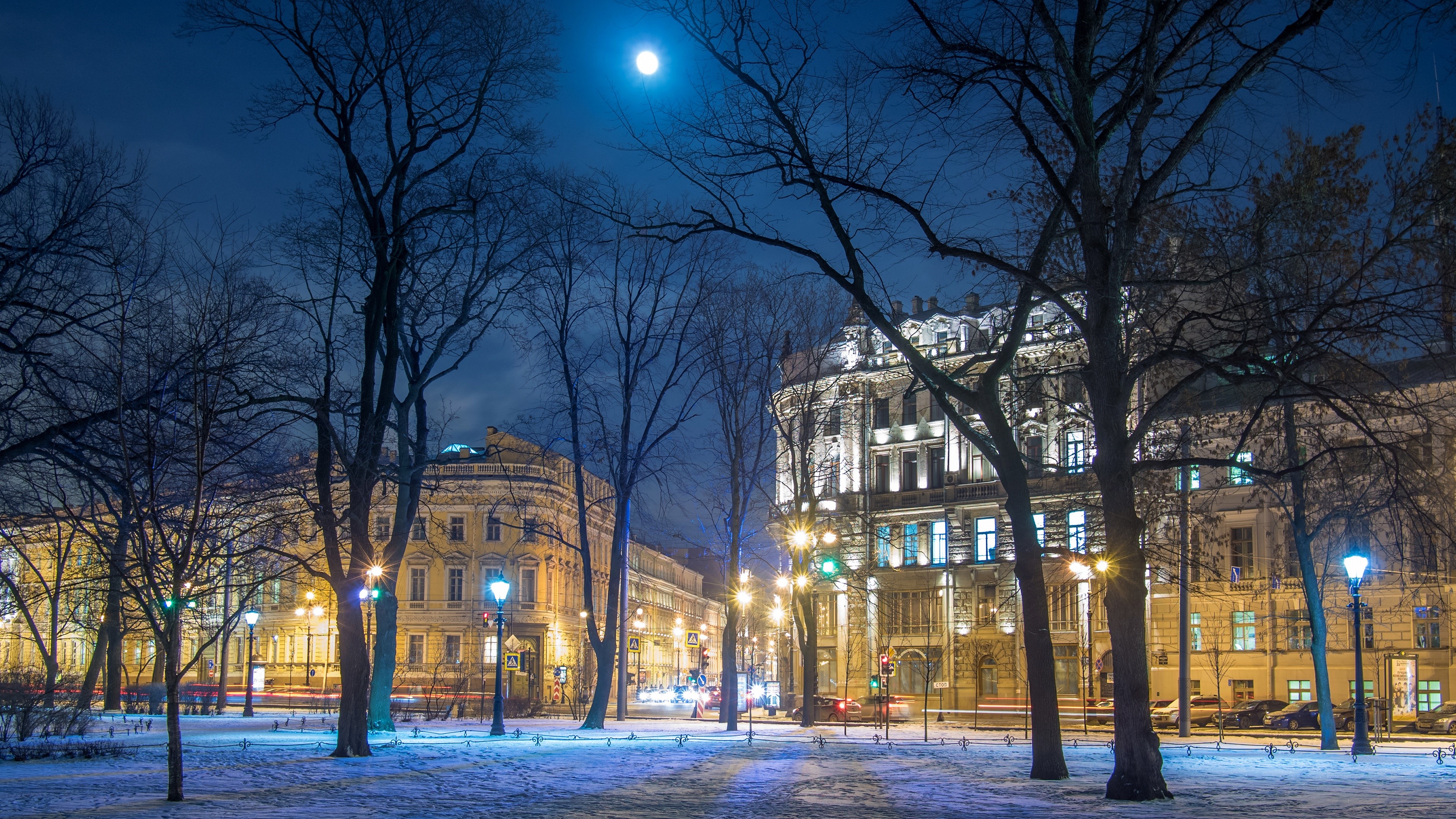 Winter Night on Nevsky Prospect, St. Petersburg HD Wallpaper