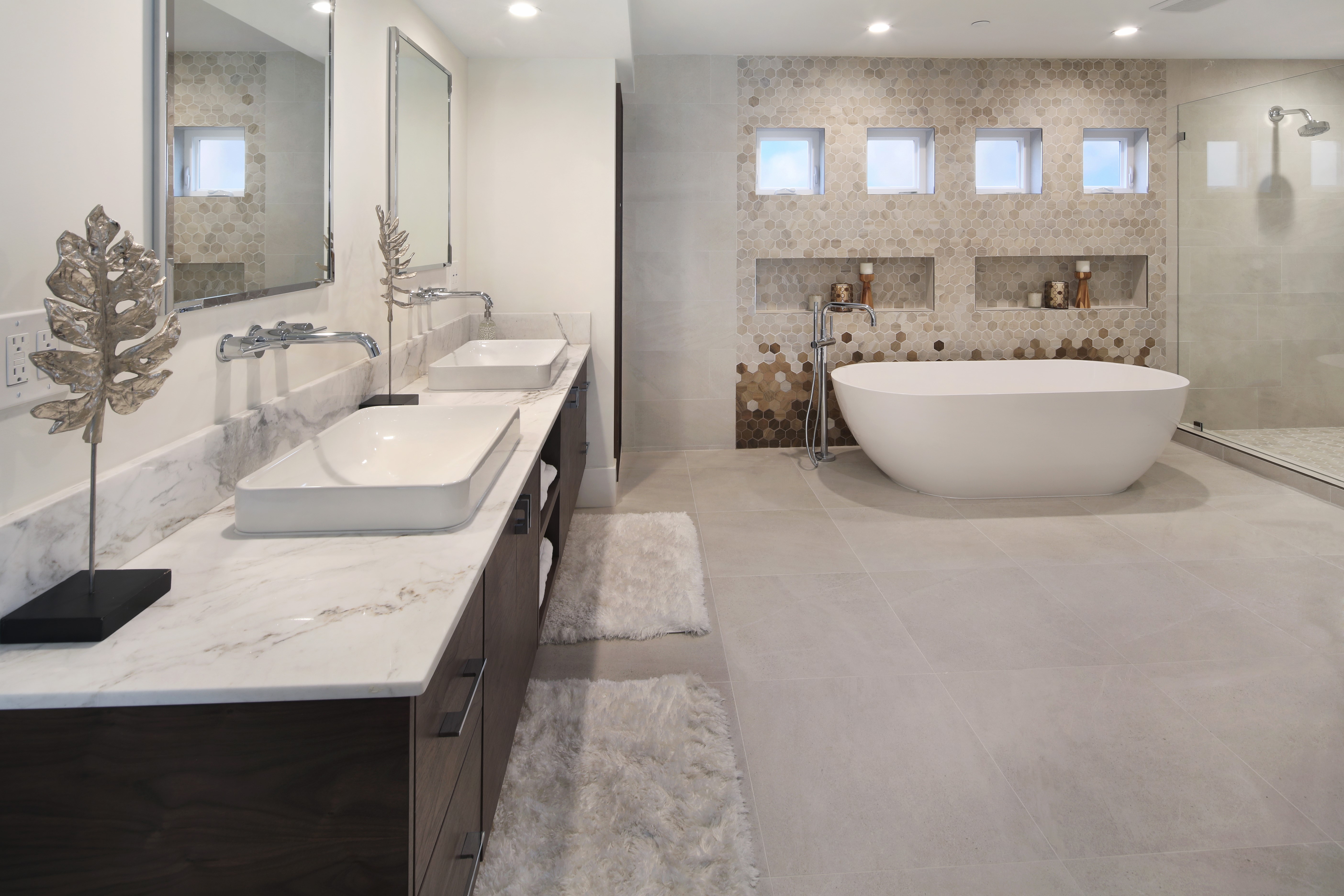 Modern Bathroom with Freestanding Tub and Double Vanity HD Wallpaper