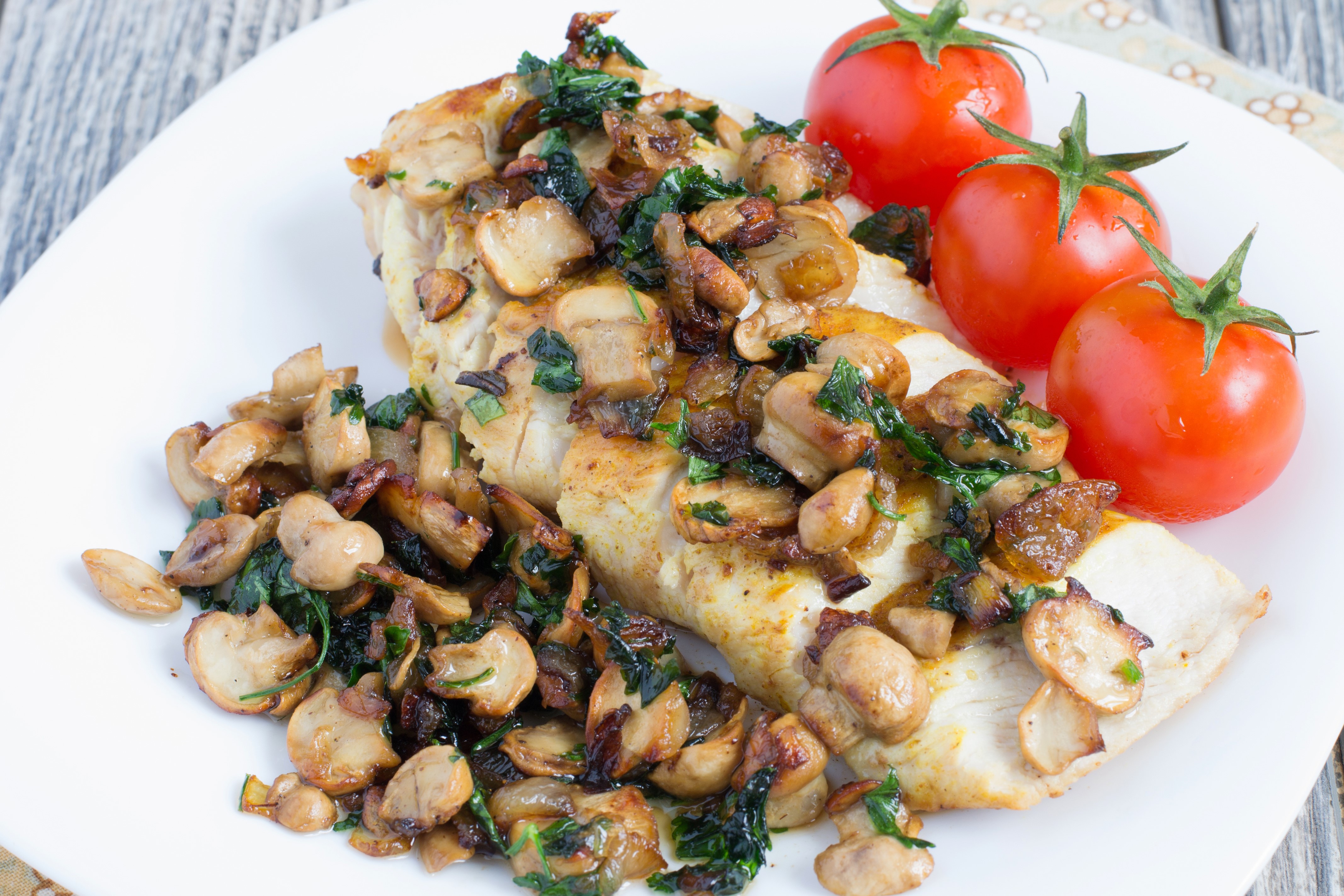 Fish with Mushrooms and Tomatoes HD Wallpaper
