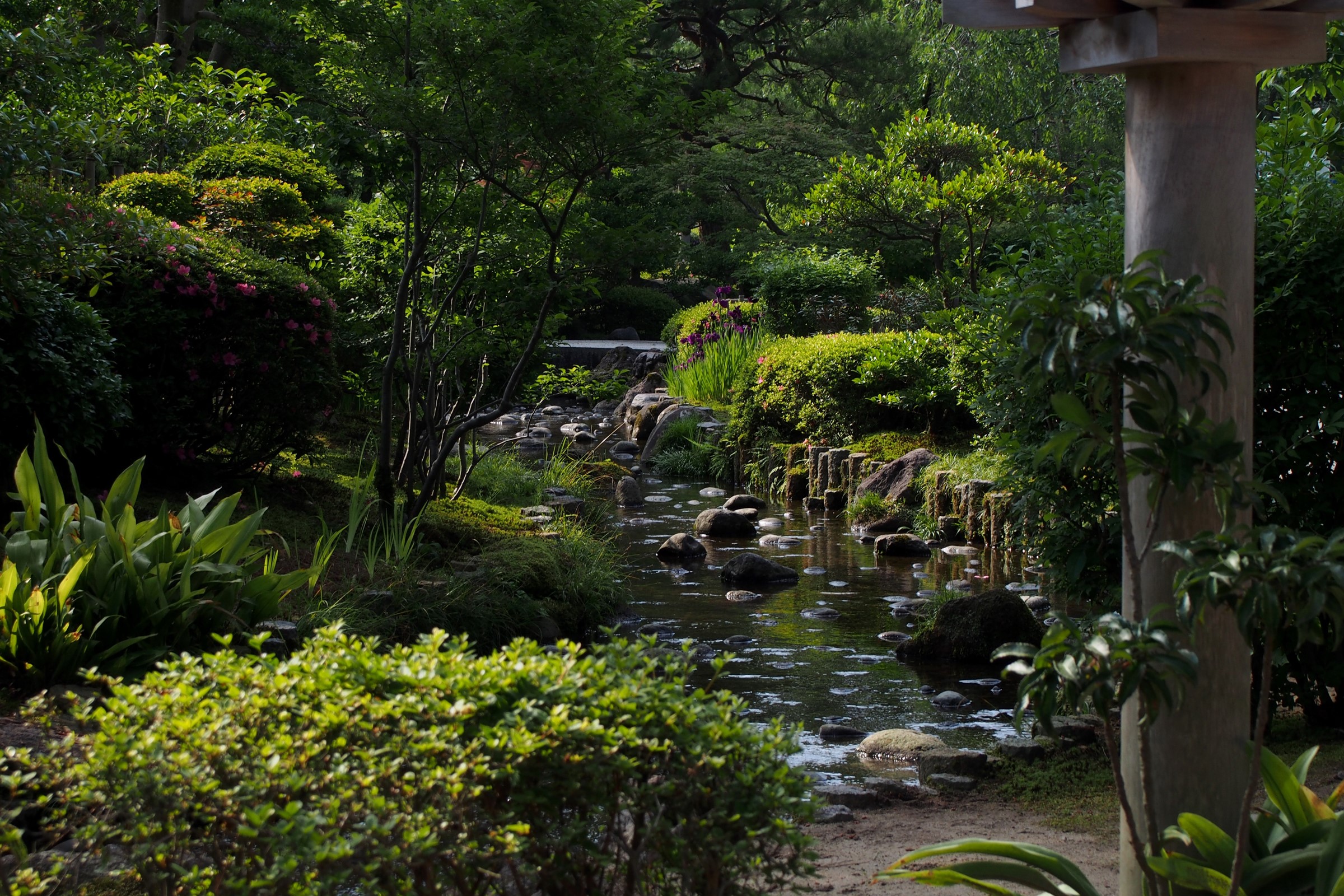 Japanese garden with stream and stones in Kanazawa, Japan HD Wallpaper