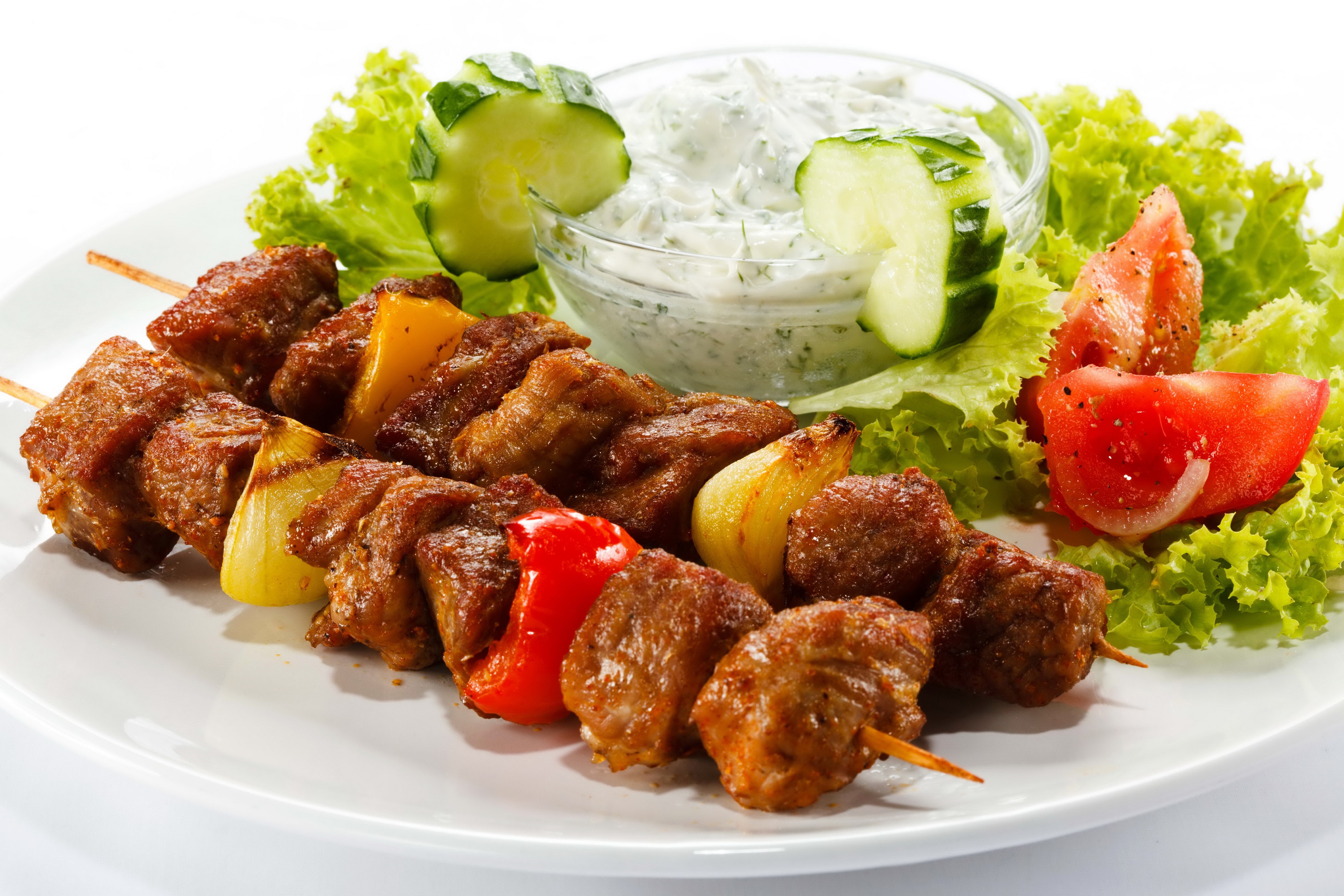 Shashlik with vegetables and dip HD Wallpaper
