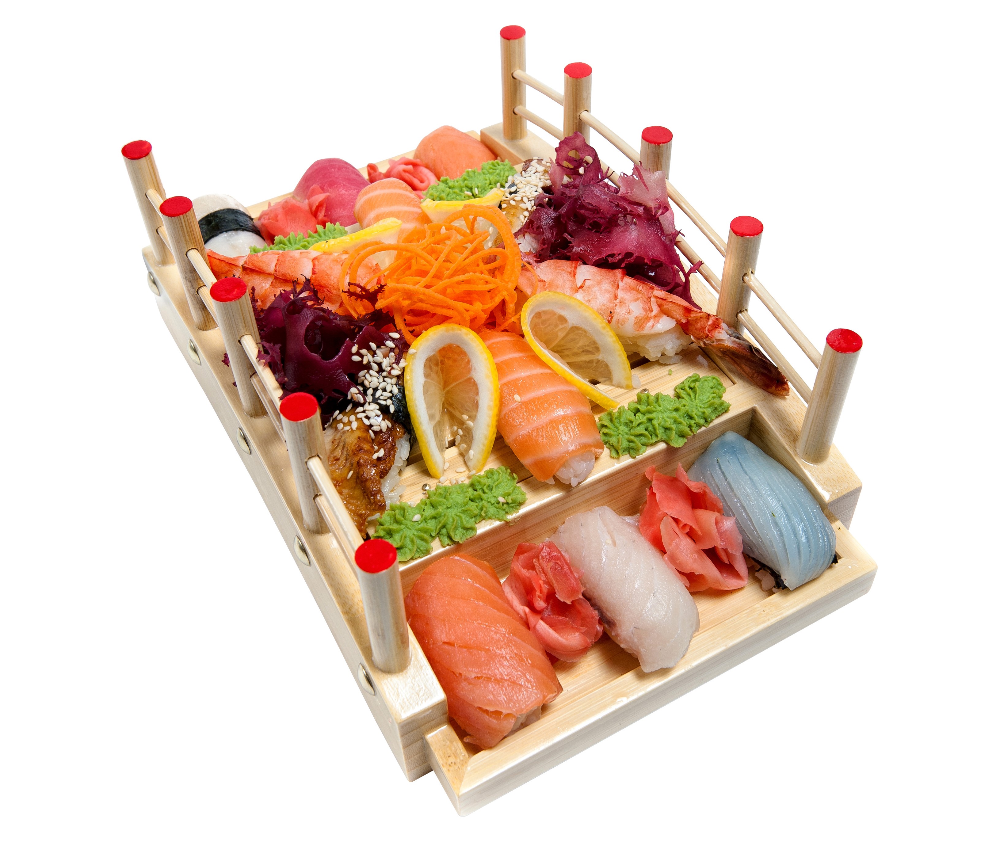 Sushi platter with various seafood and vegetables HD Wallpaper