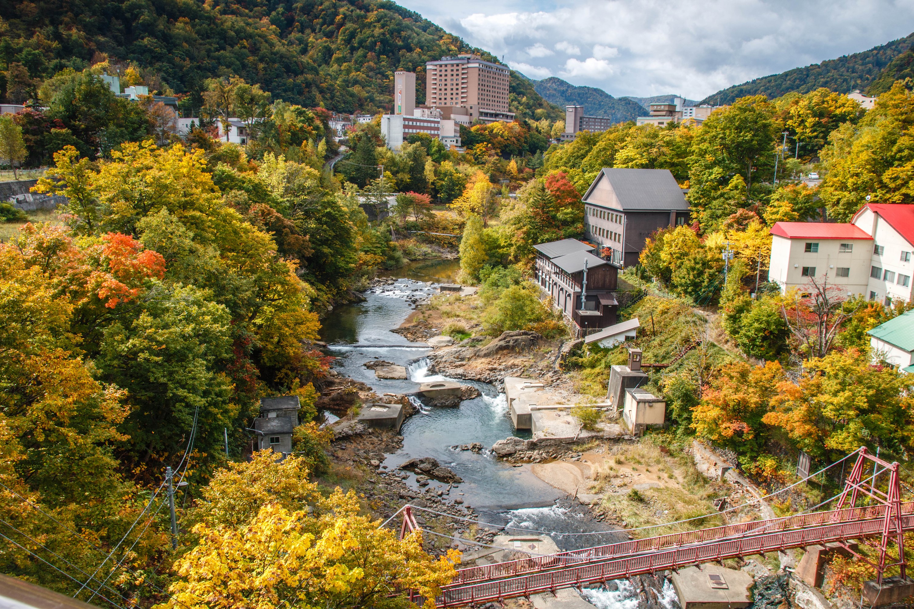Jozankei, Hokkaido, Japan in Autumn with River and Bridges HD Wallpaper