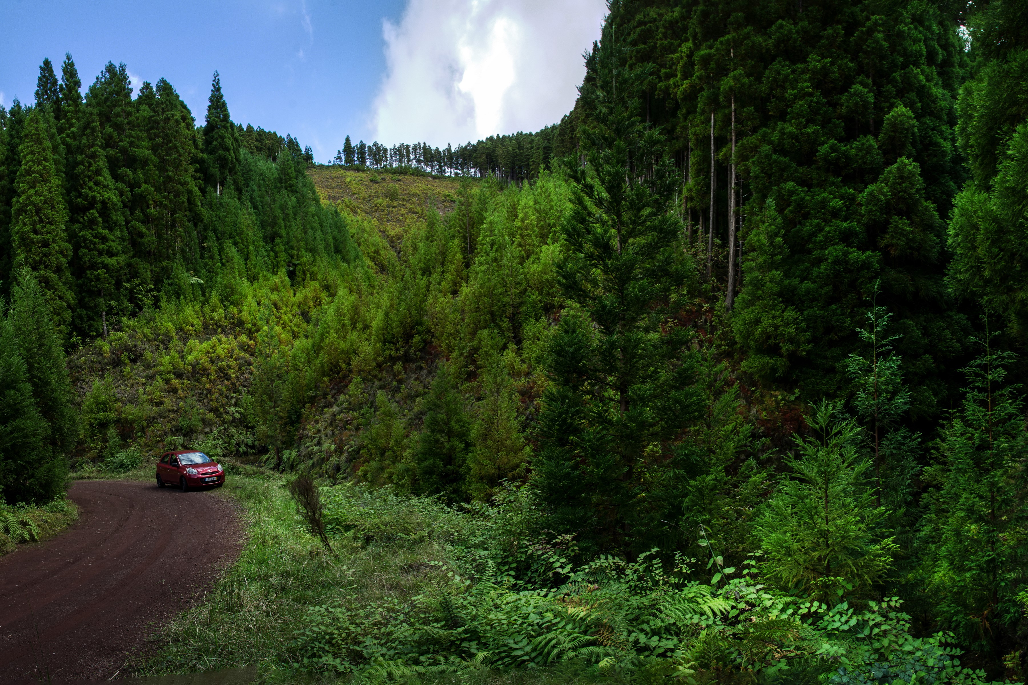 Red car on a dirt road in Sao Miguel, Azores, Portugal HD Wallpaper