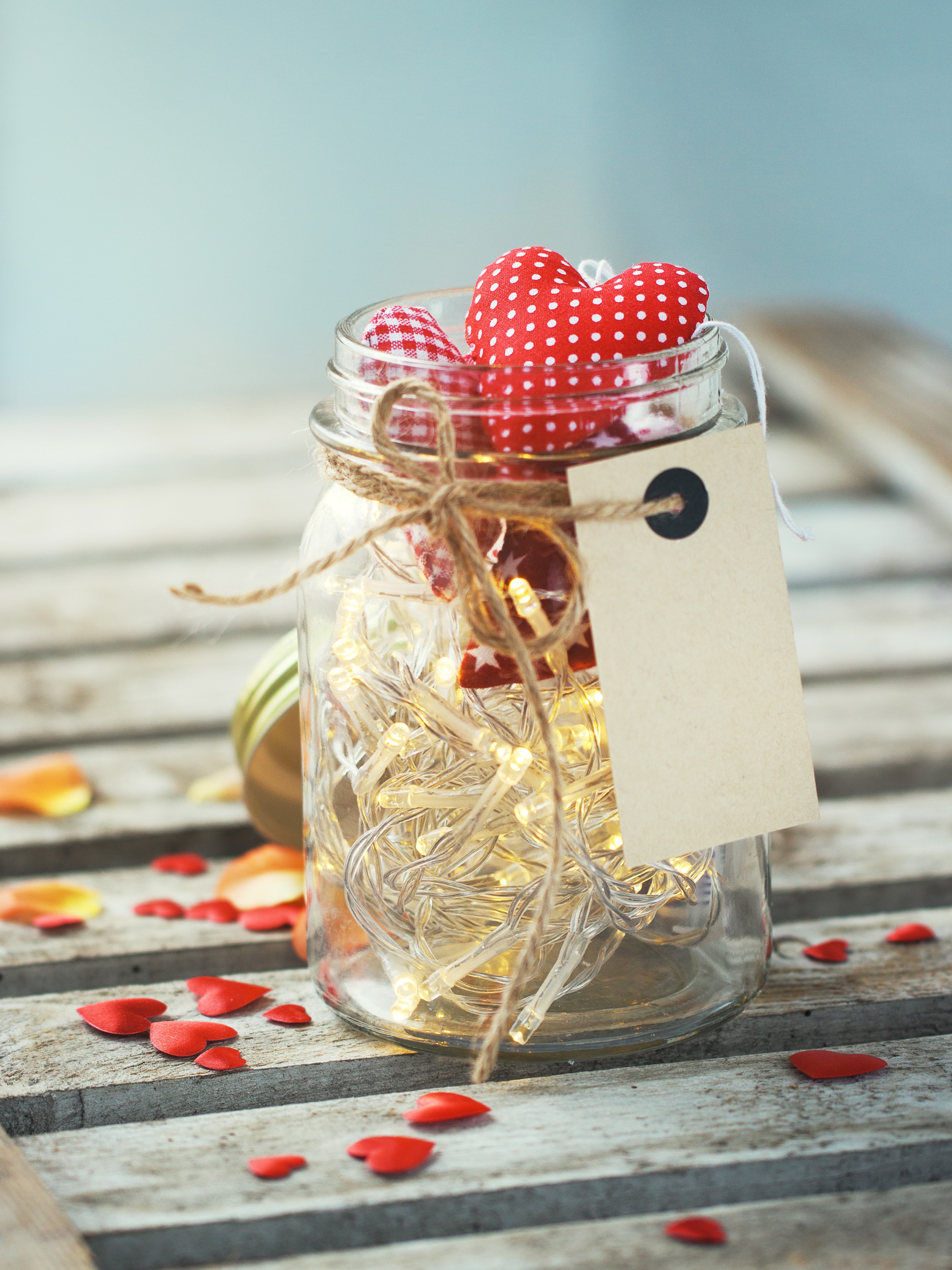 Jar with hearts and fairy lights for Valentine's Day HD Phone Wallpaper