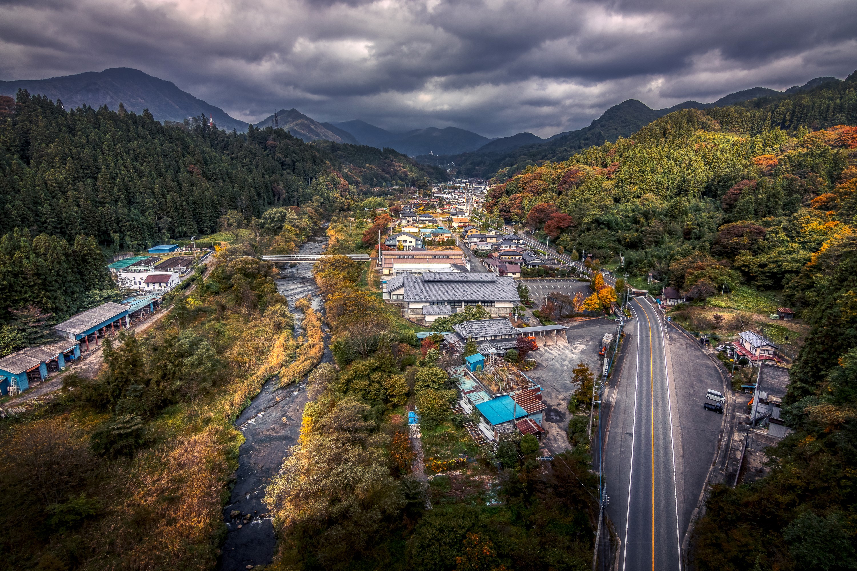 Autumn village in Gunma, Japan with mountains and forest HD Wallpaper