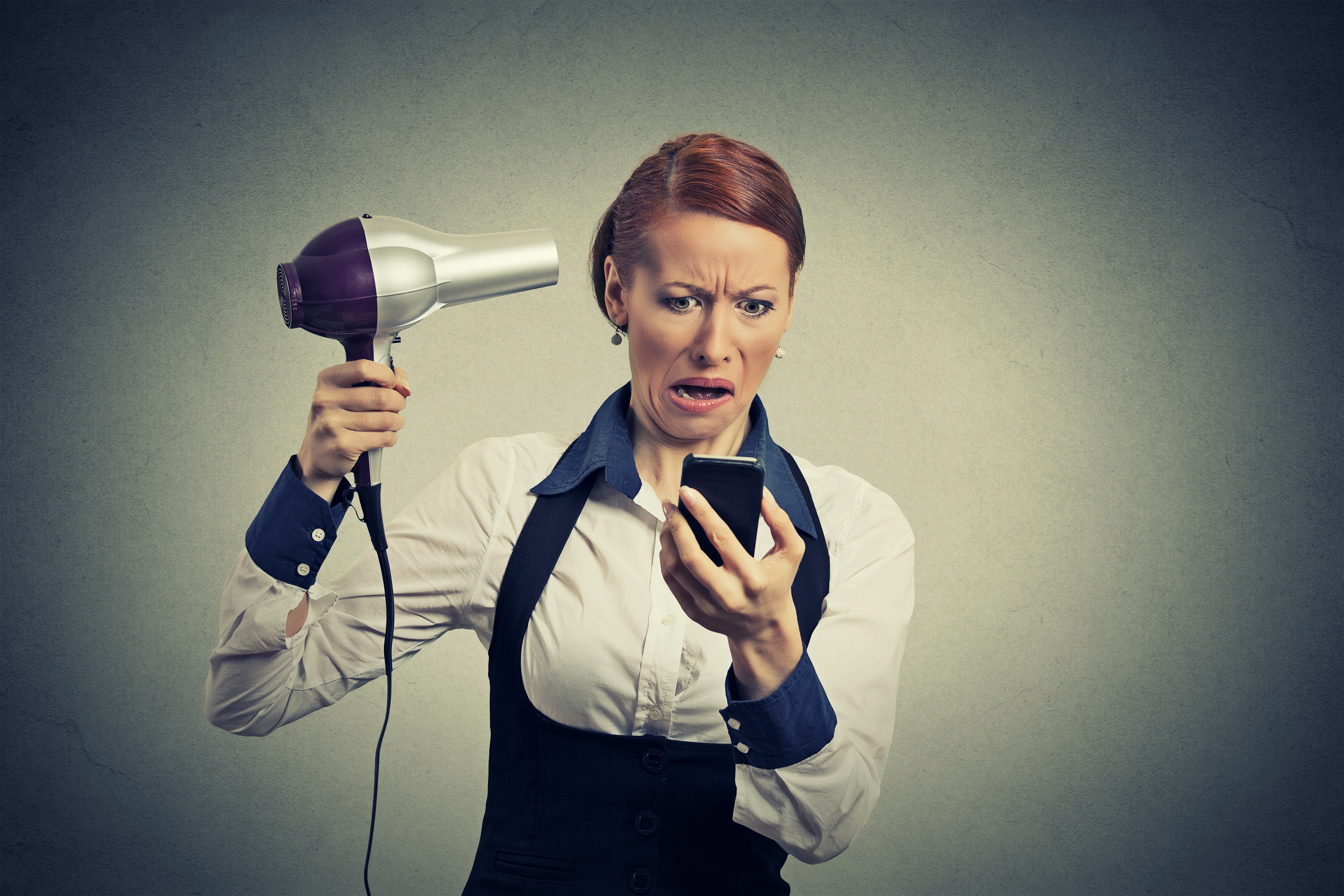 Woman with hairdryer and smartphone HD Wallpaper