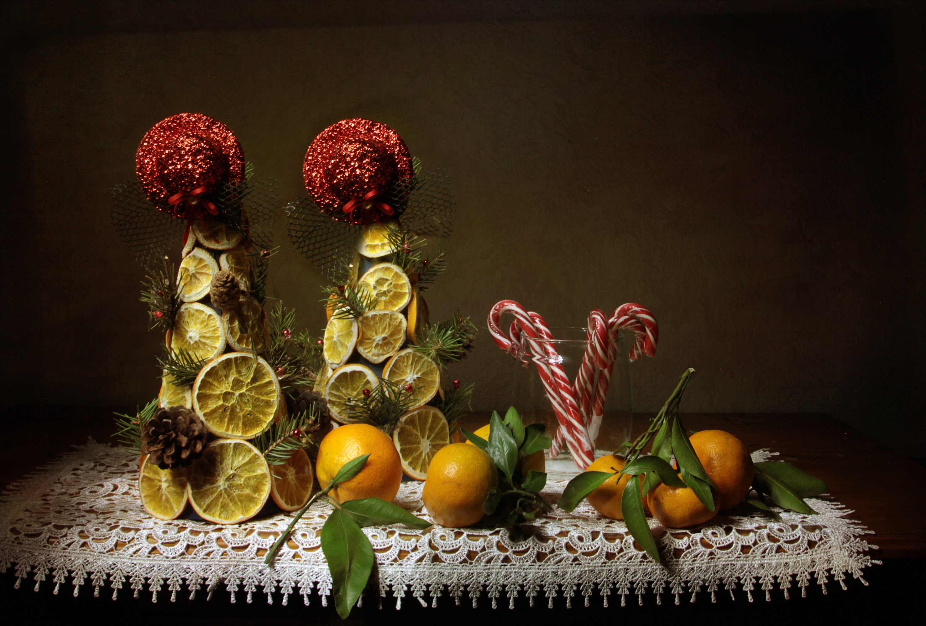 Christmas Decorations with Oranges and Candy Canes HD Wallpaper