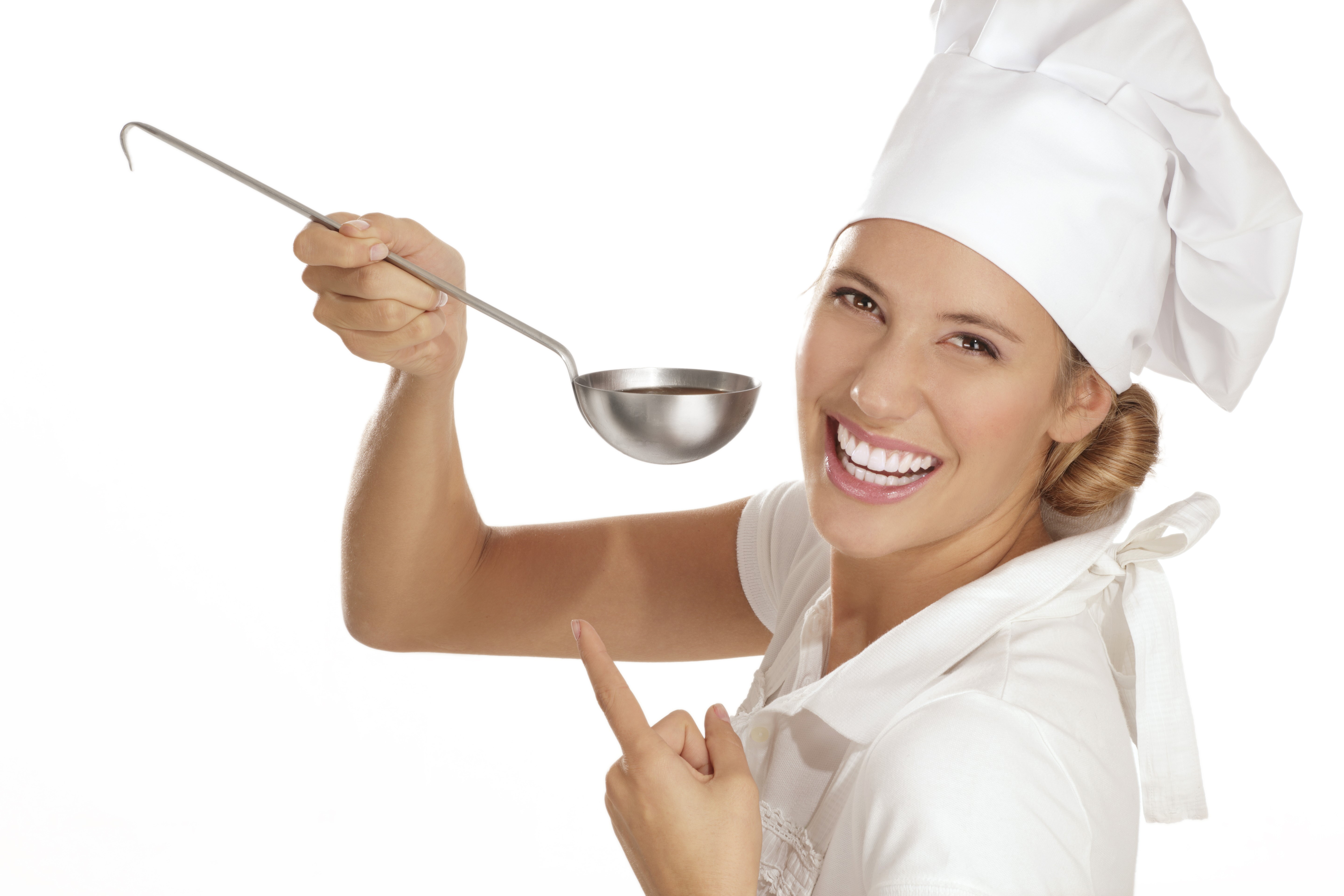 Woman in chef hat holding ladle with soup HD Wallpaper