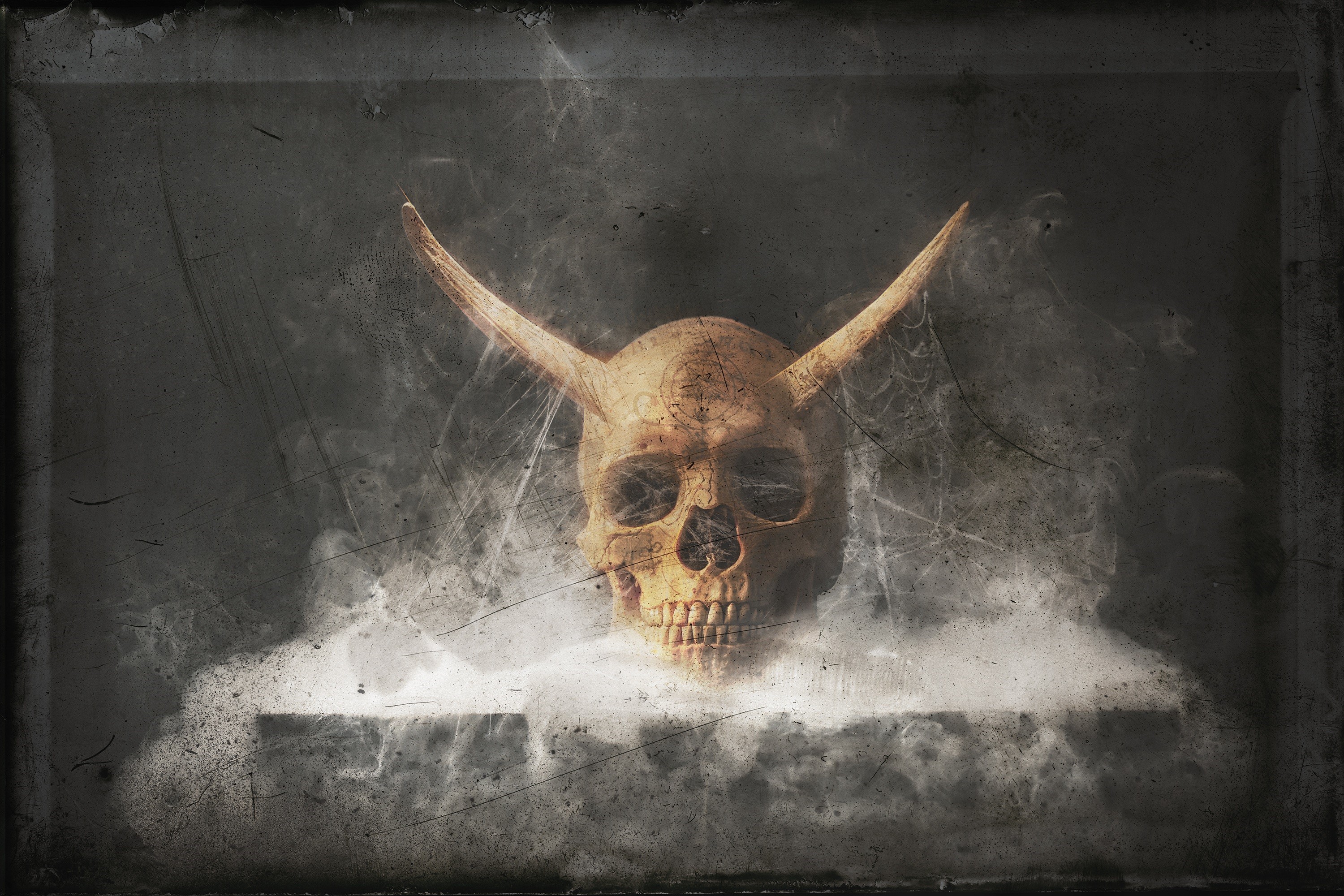 Skull with horns emerging from smoke HD Wallpaper