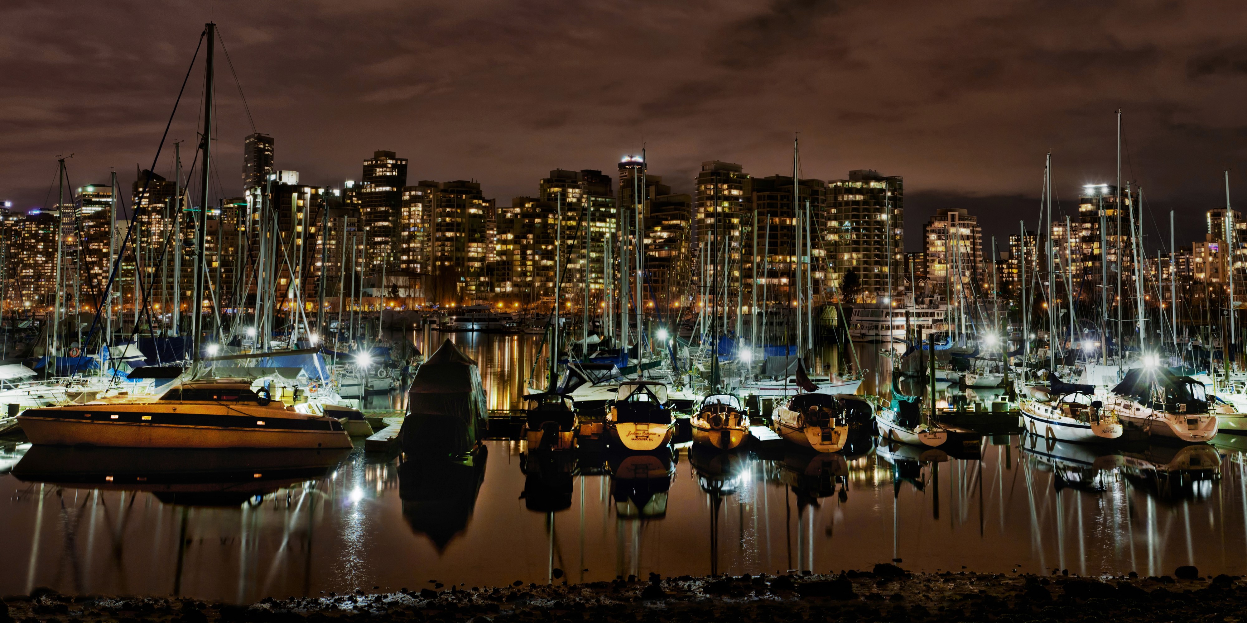 Vancouver Bay at Night with City Skyline and Boats HD Wallpaper