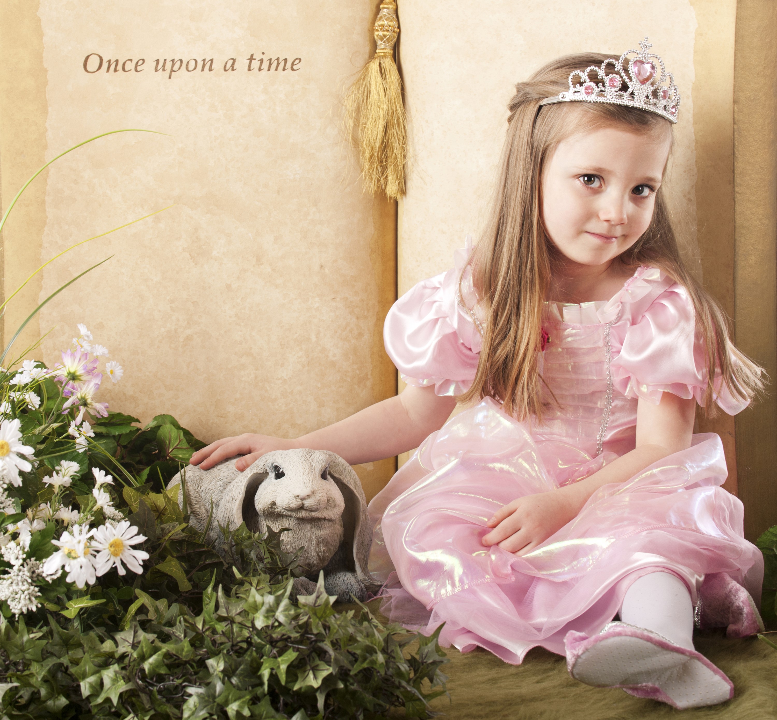 Girl in a princess dress with a rabbit statue HD Wallpaper