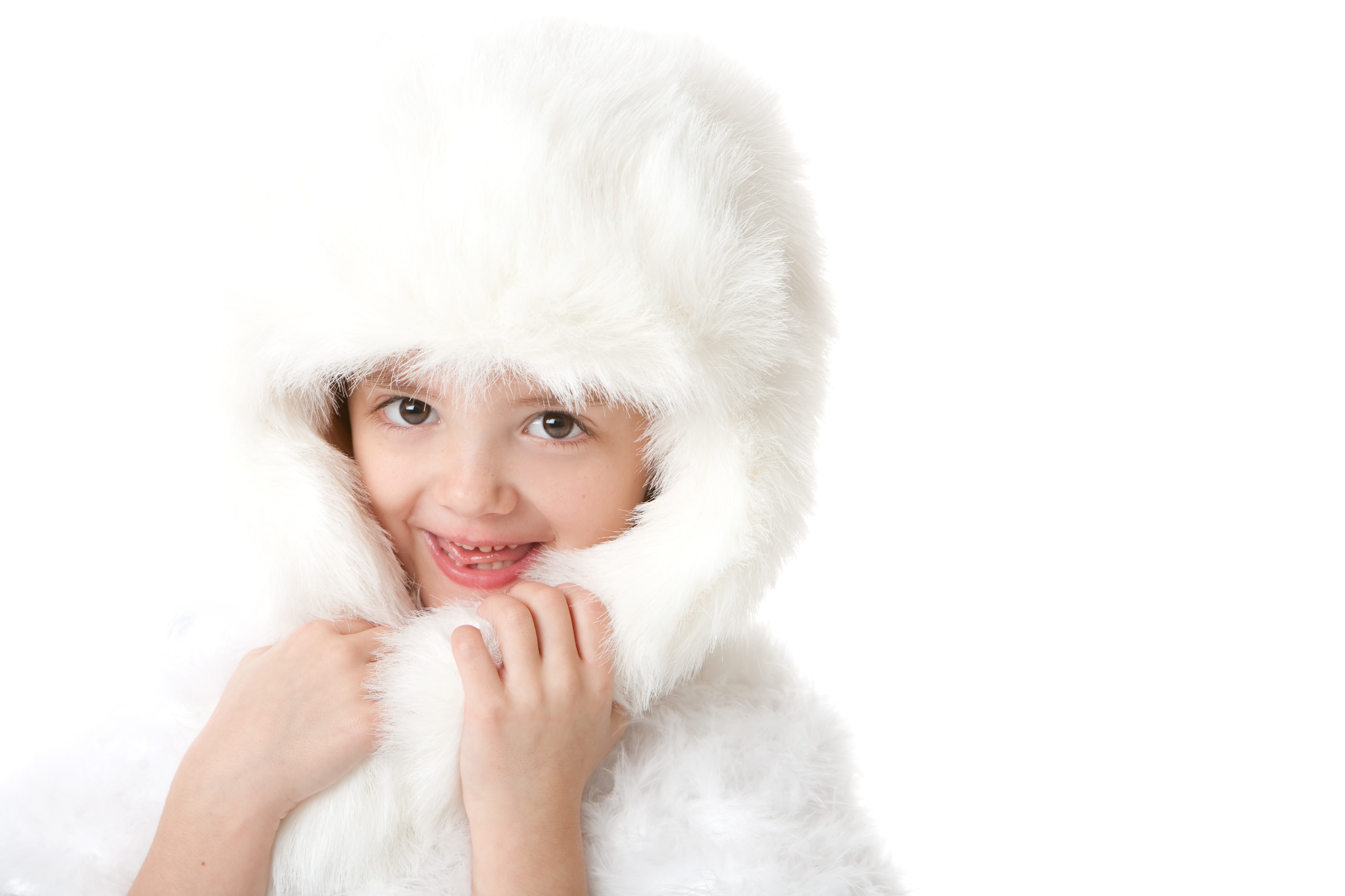 Little girl in a white fur winter hat HD Wallpaper