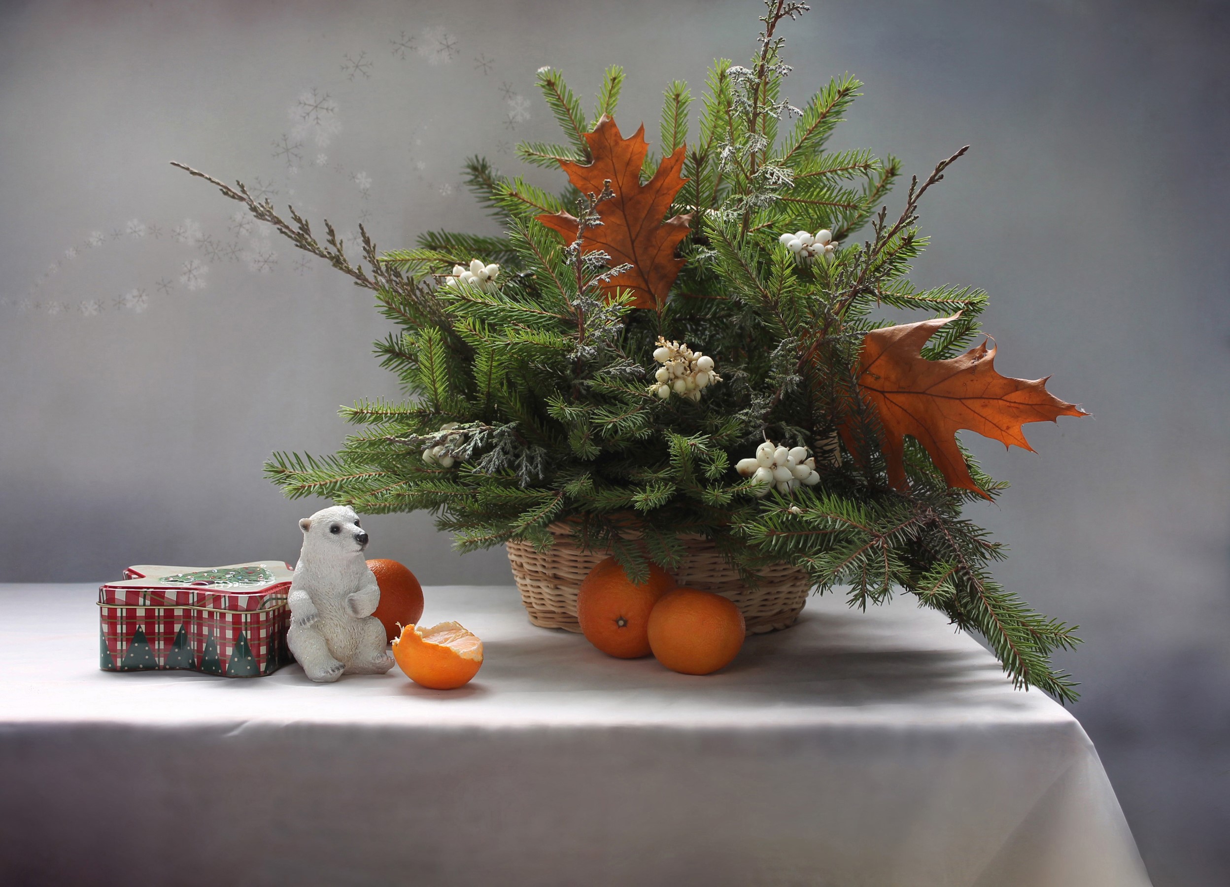 Christmas still life with polar bear and tangerines HD Wallpaper