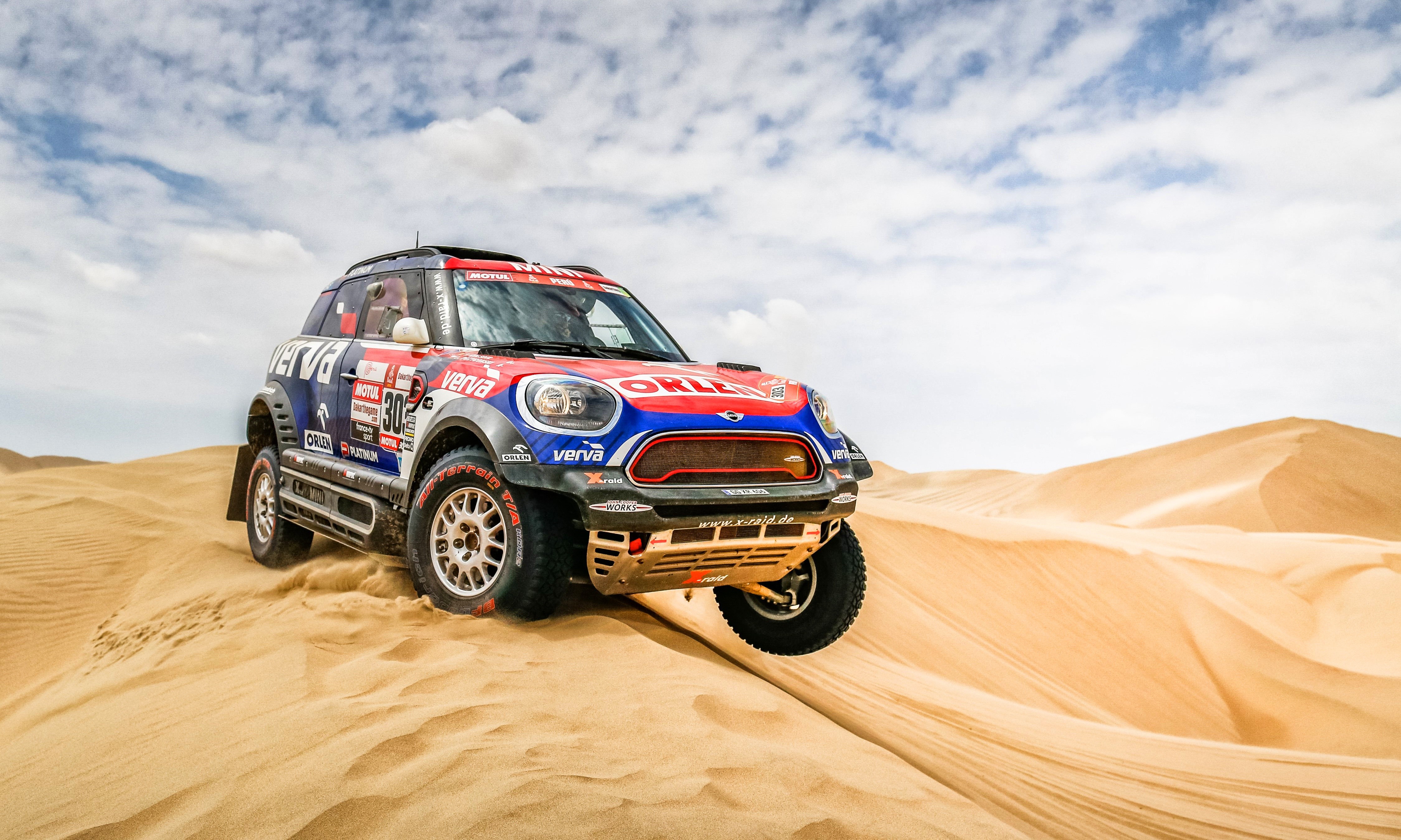 Mini Cooper 303 X-Raid Team Dakar Rally Car in Desert HD Wallpaper