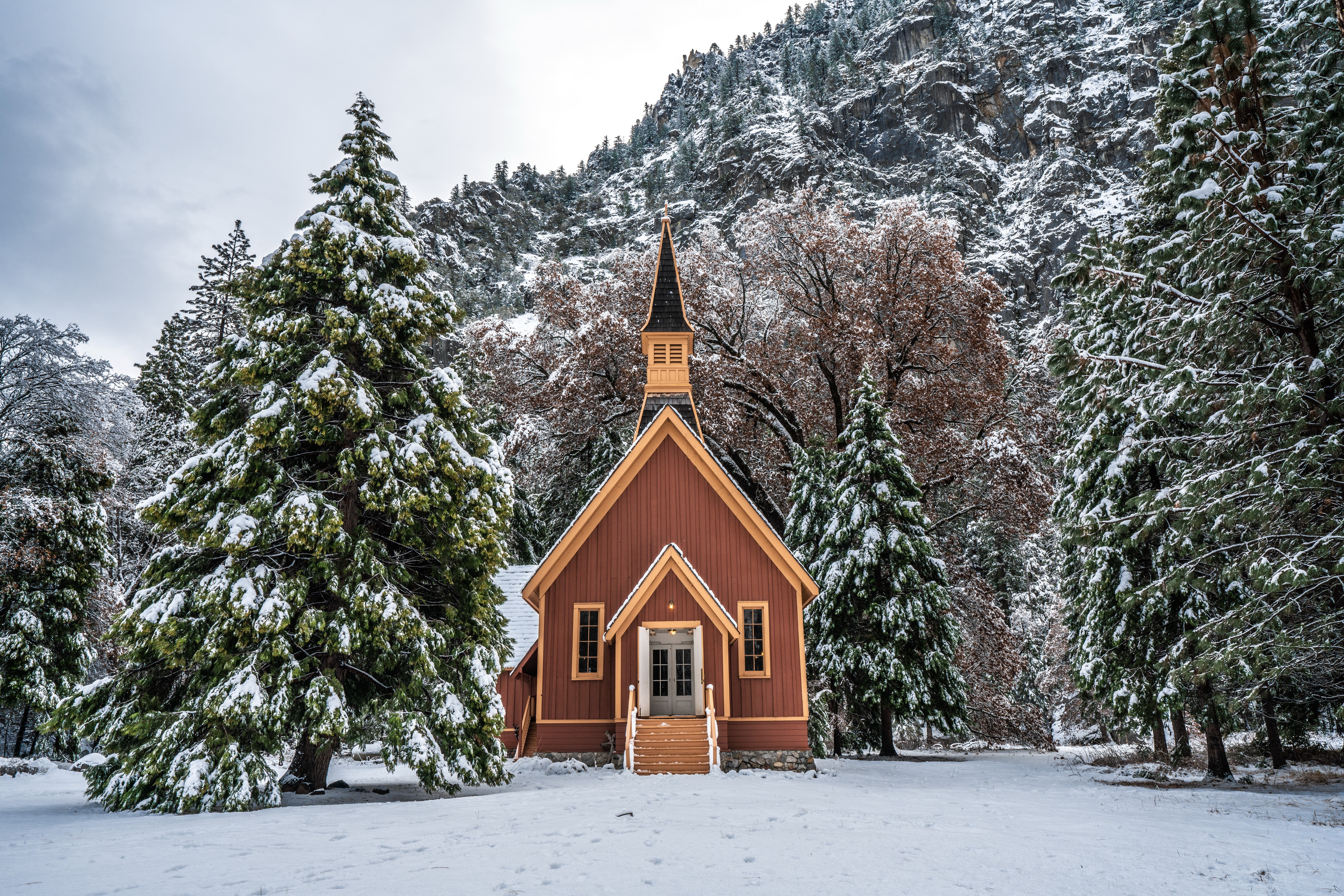 Yosemite Chapel in Winter, USA HD Wallpaper