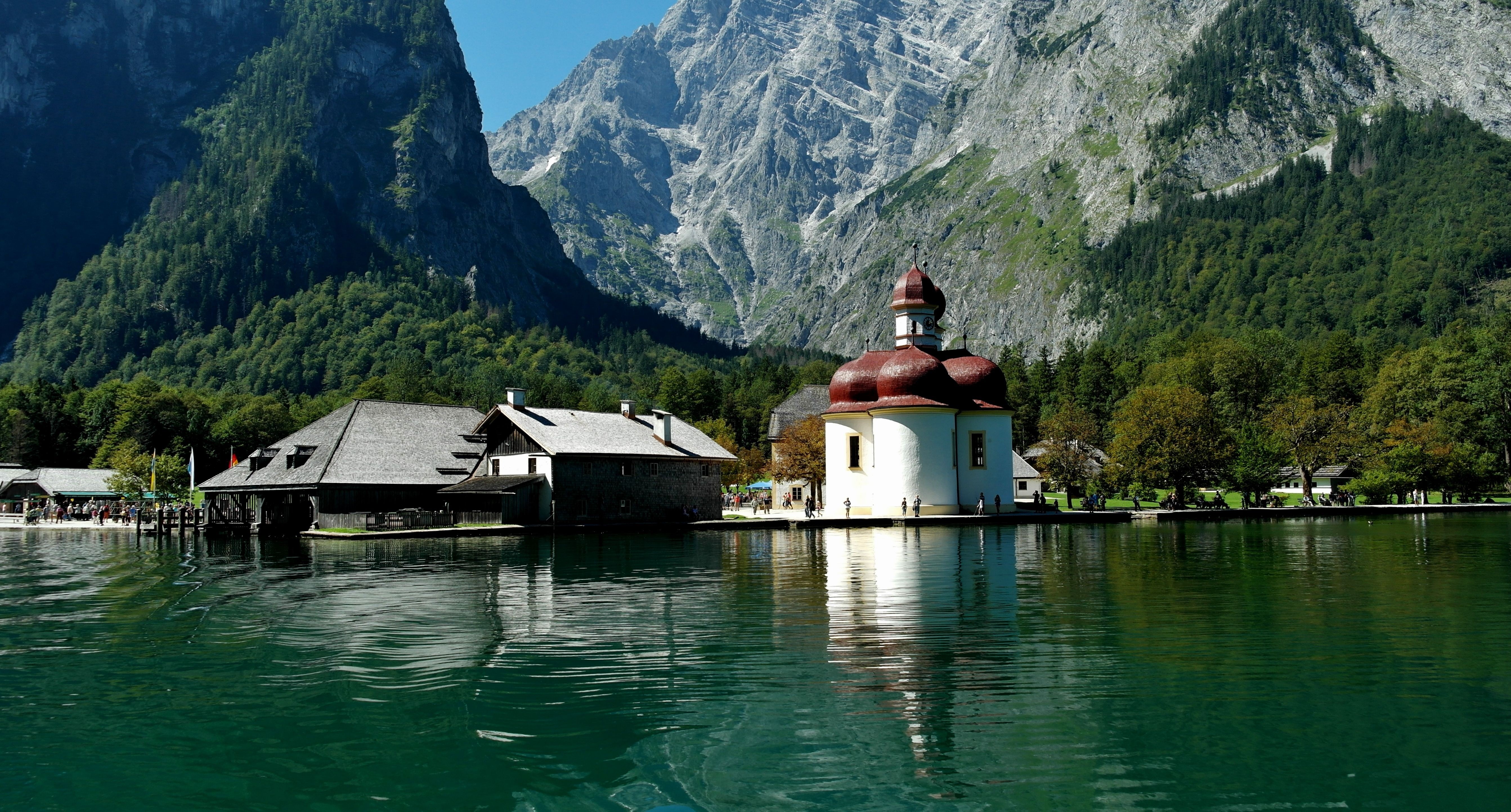 Koenigssee Lake with Church and Mountains in Bavaria, Germany HD Wallpaper