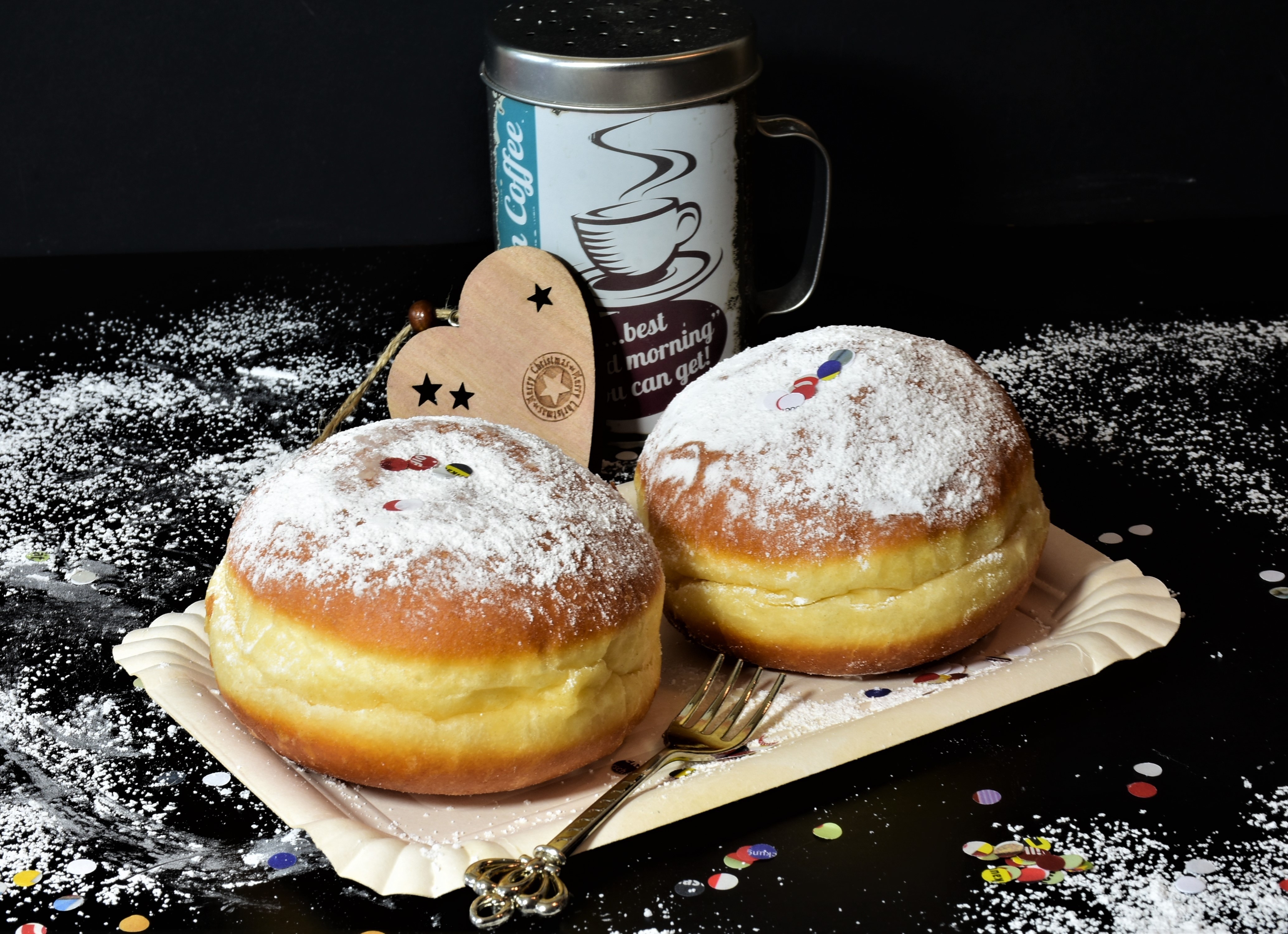 Two donuts with powdered sugar and a fork HD Wallpaper