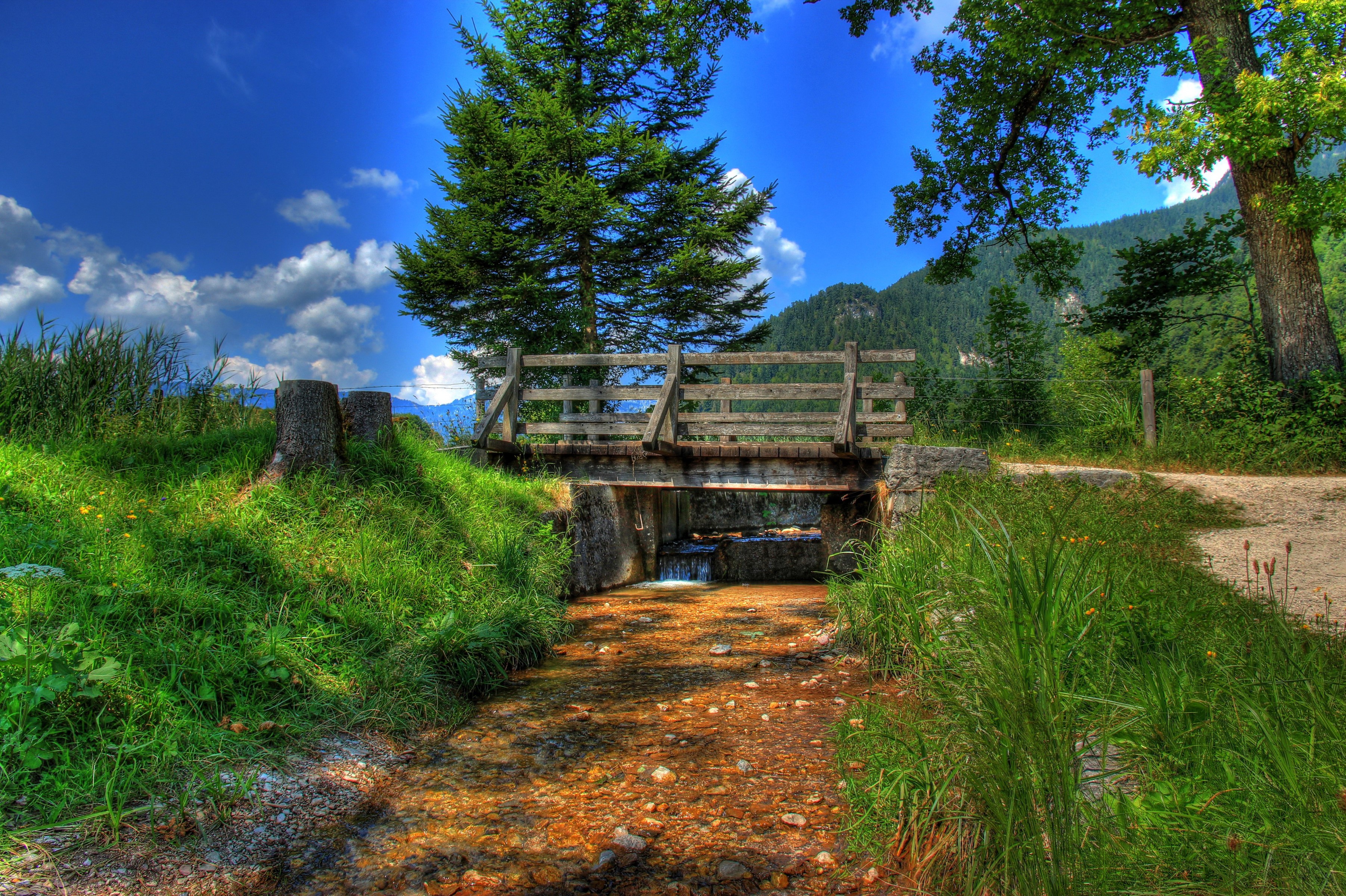 Wooden bridge over a stream in Bischofswiesen, Germany HD Wallpaper