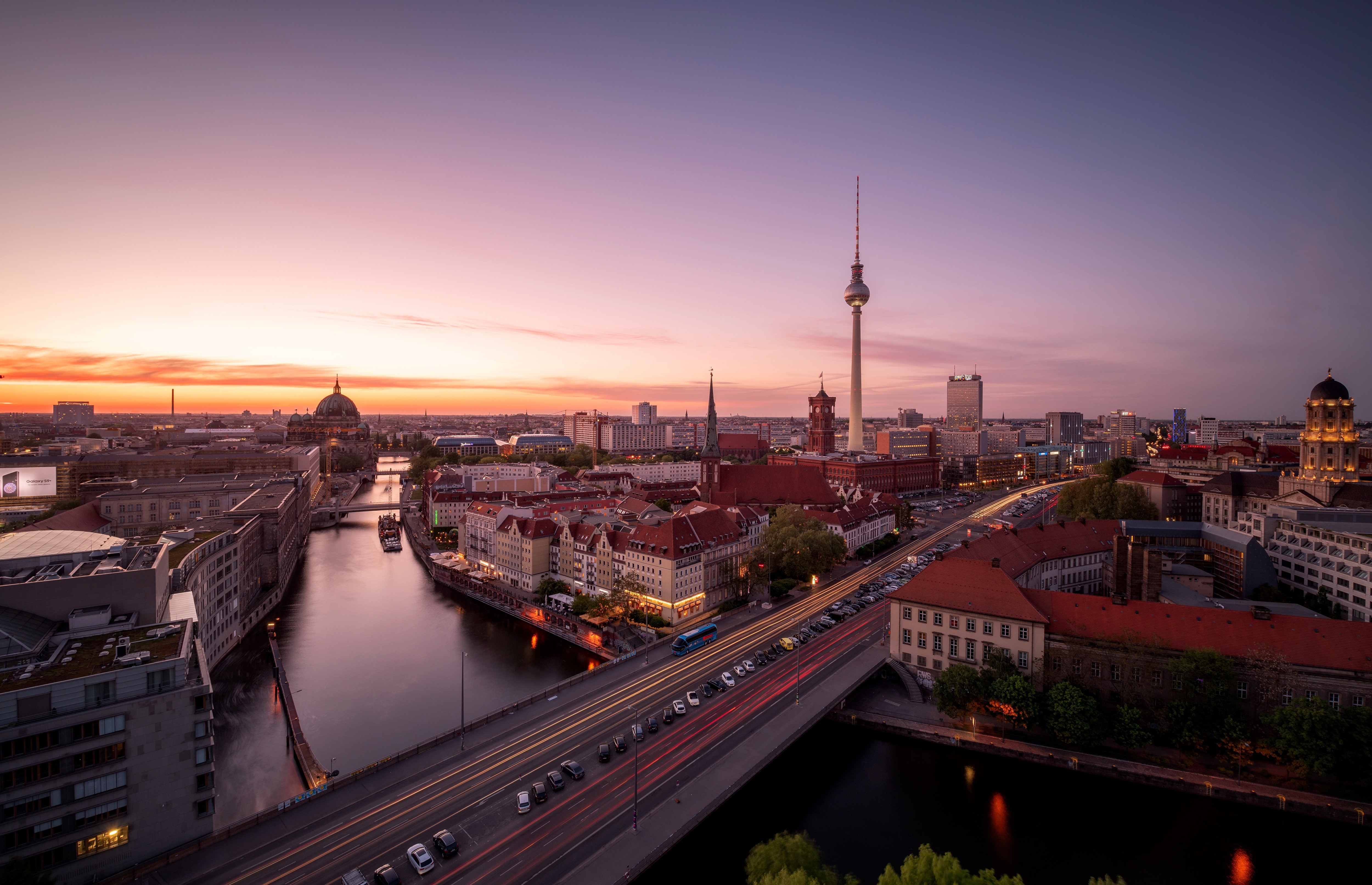 Berlin skyline with TV Tower and Spree River at sunrise HD Wallpaper