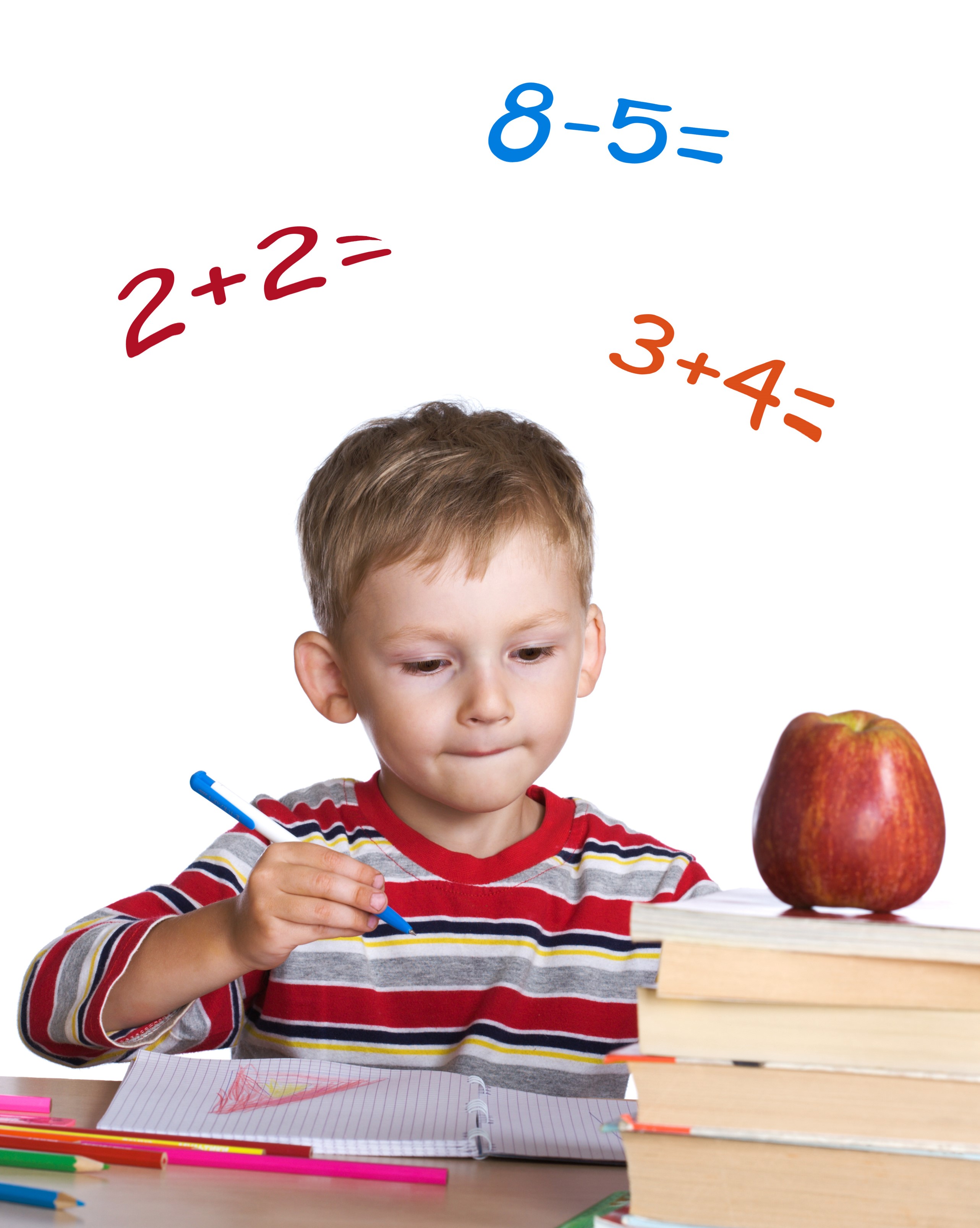Boy doing math homework with apple and books HD Phone Wallpaper