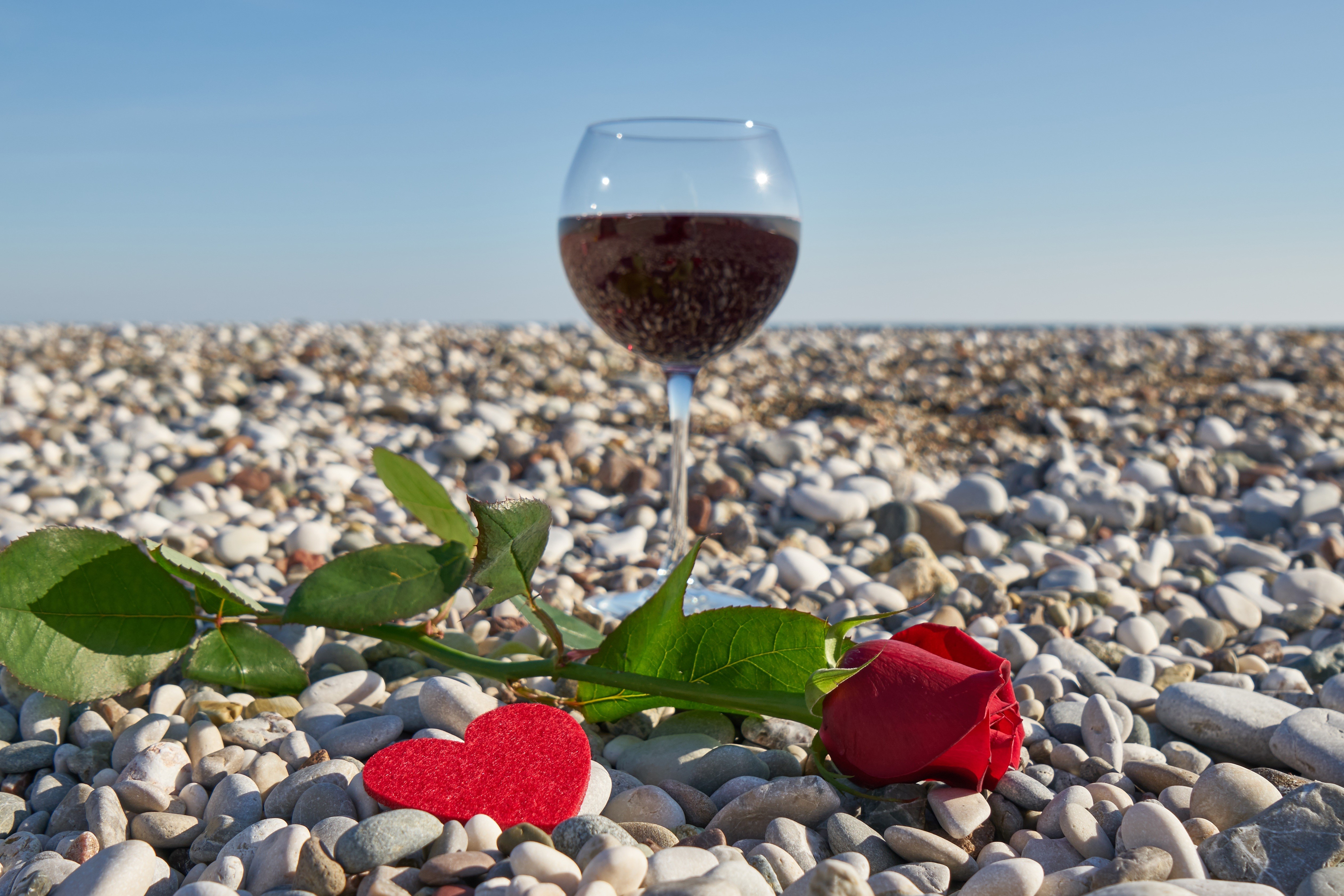 Red rose and wine glass on a pebble beach HD Wallpaper