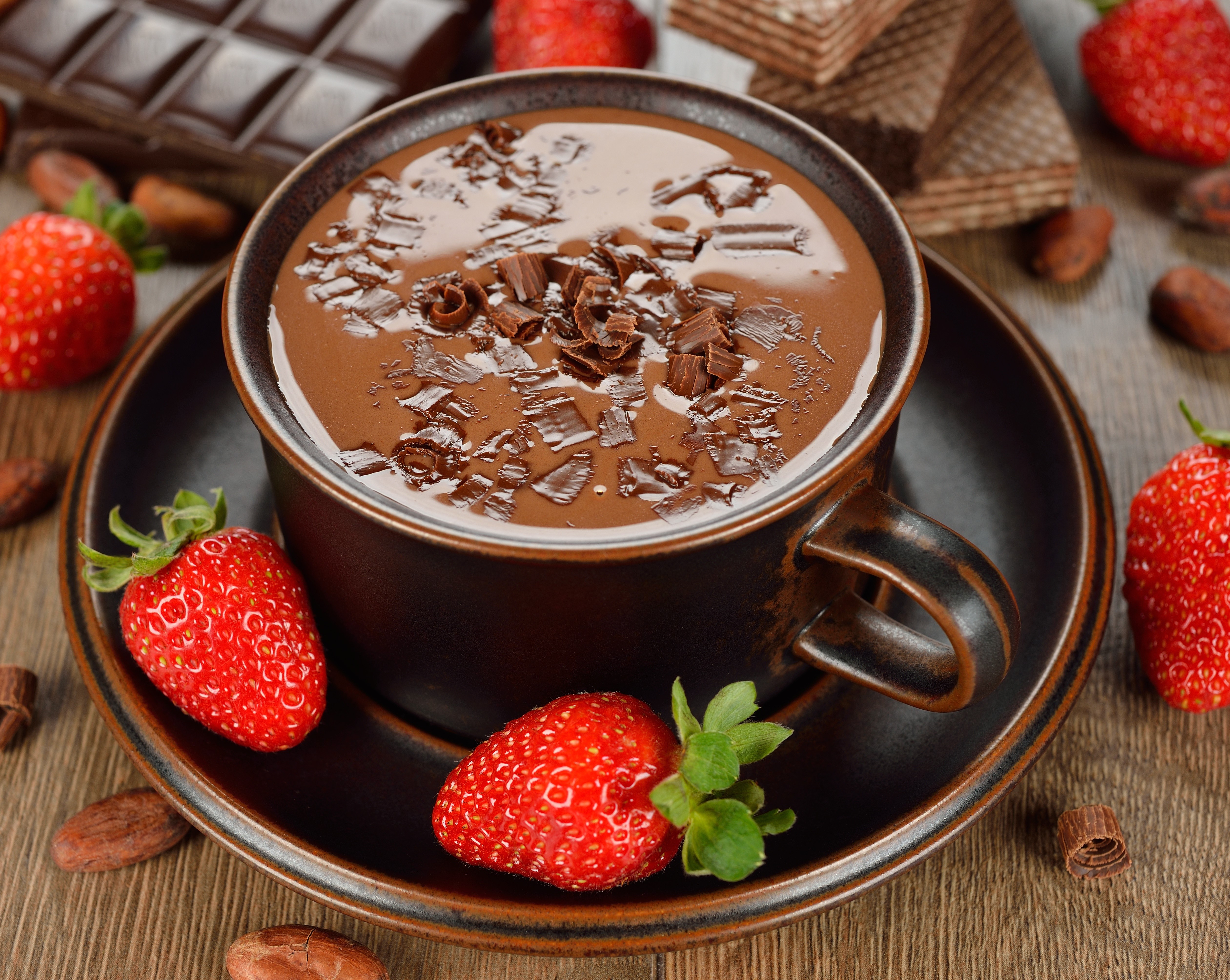 Hot Chocolate with Strawberries and Chocolate Bar HD Wallpaper