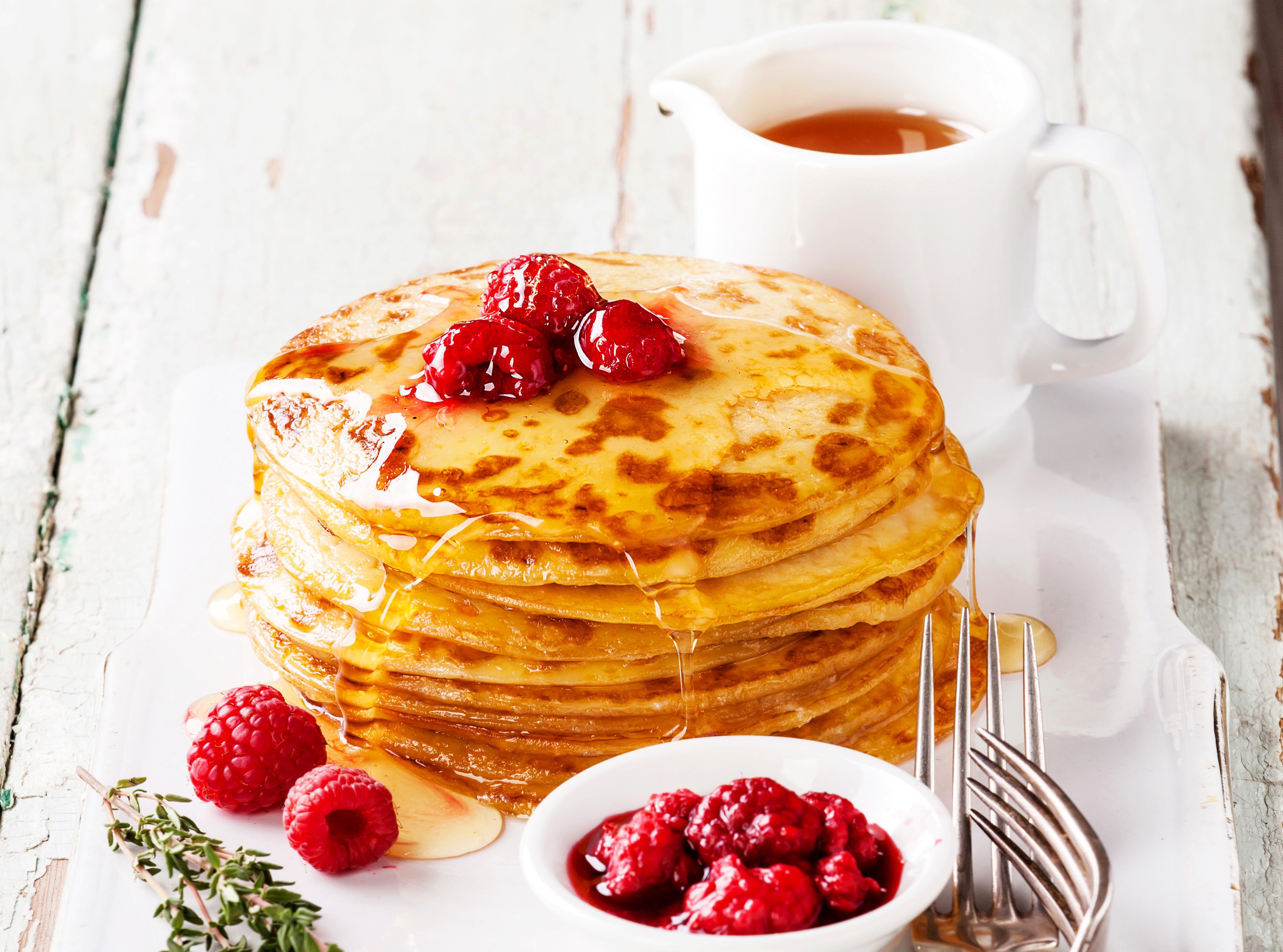 Stack of Pancakes with Raspberries and Syrup HD Wallpaper