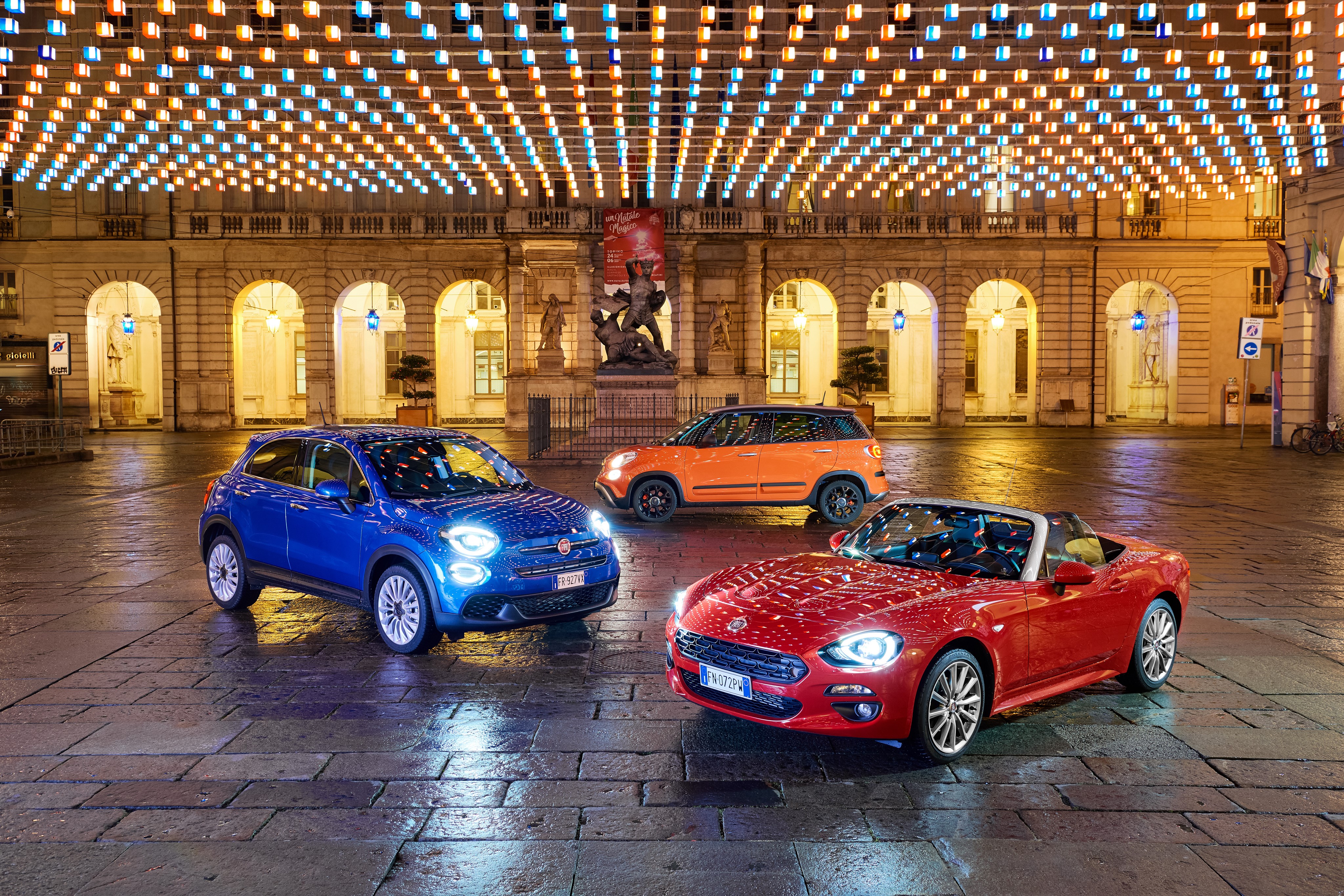 Three Fiat Cars in a City Square at Night HD Wallpaper