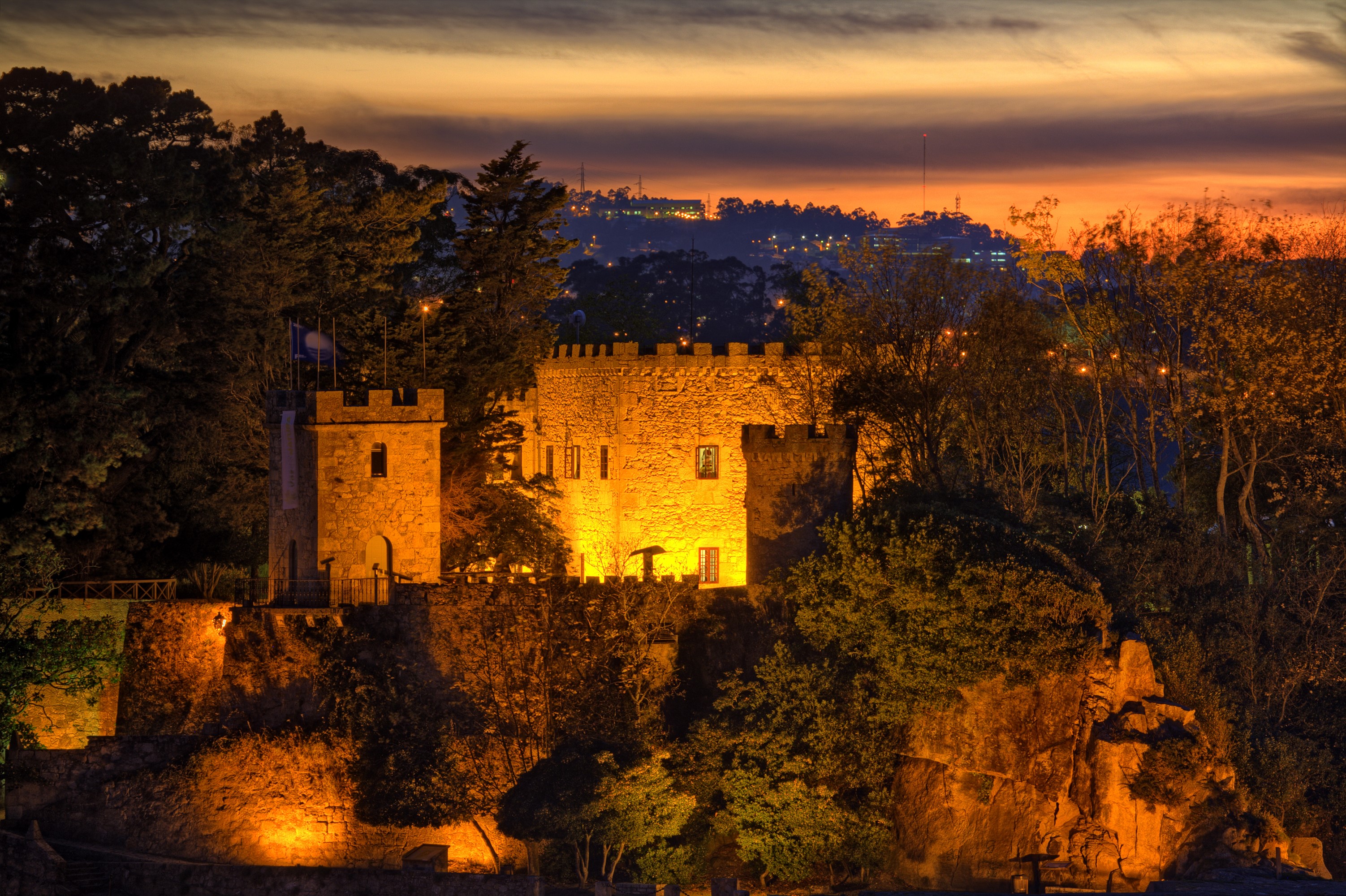 Castle of Porto de Santa Cruz, Galicia, Spain at dusk HD Wallpaper