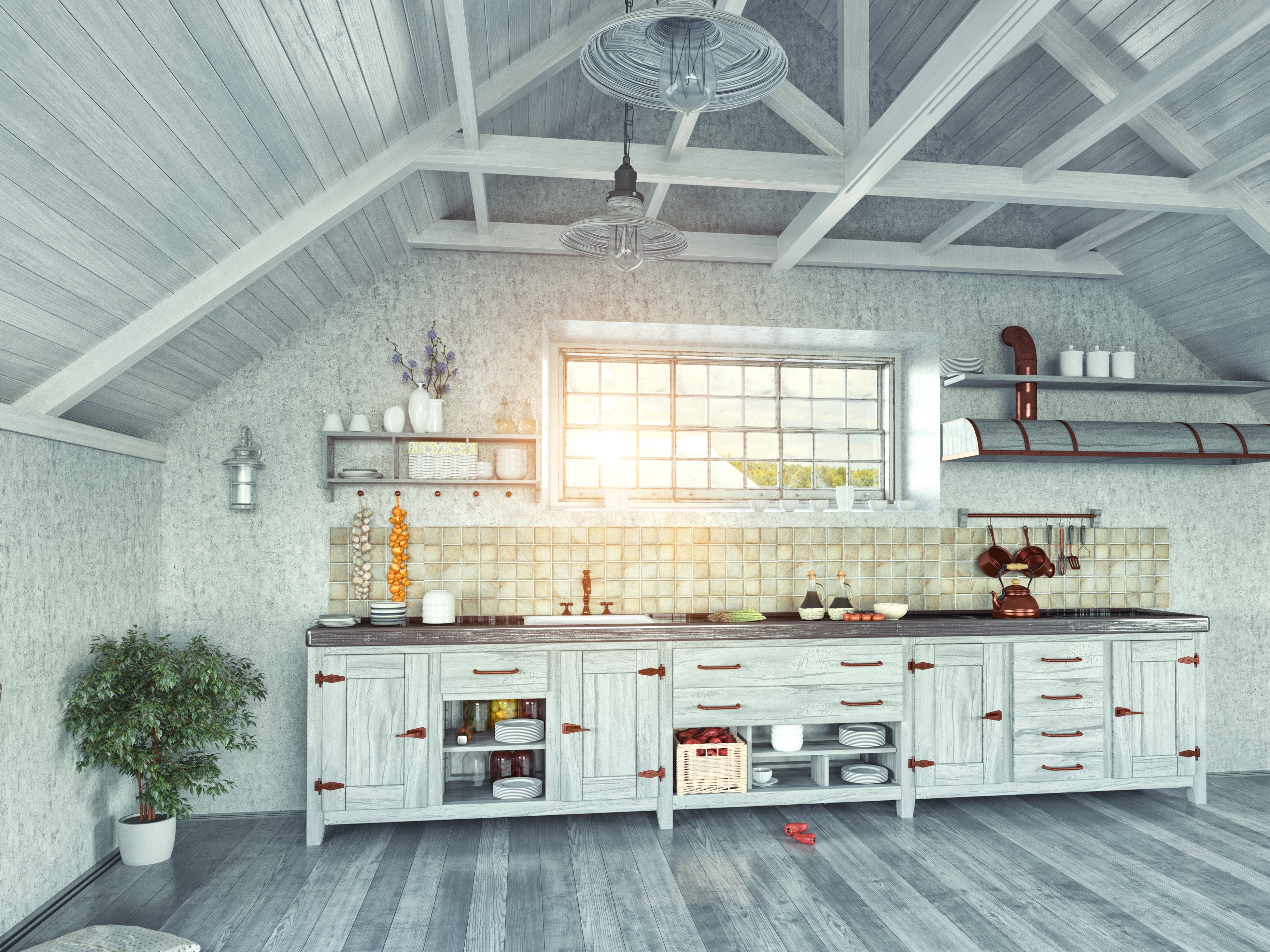 Rustic kitchen interior with wooden cabinets and window HD Wallpaper