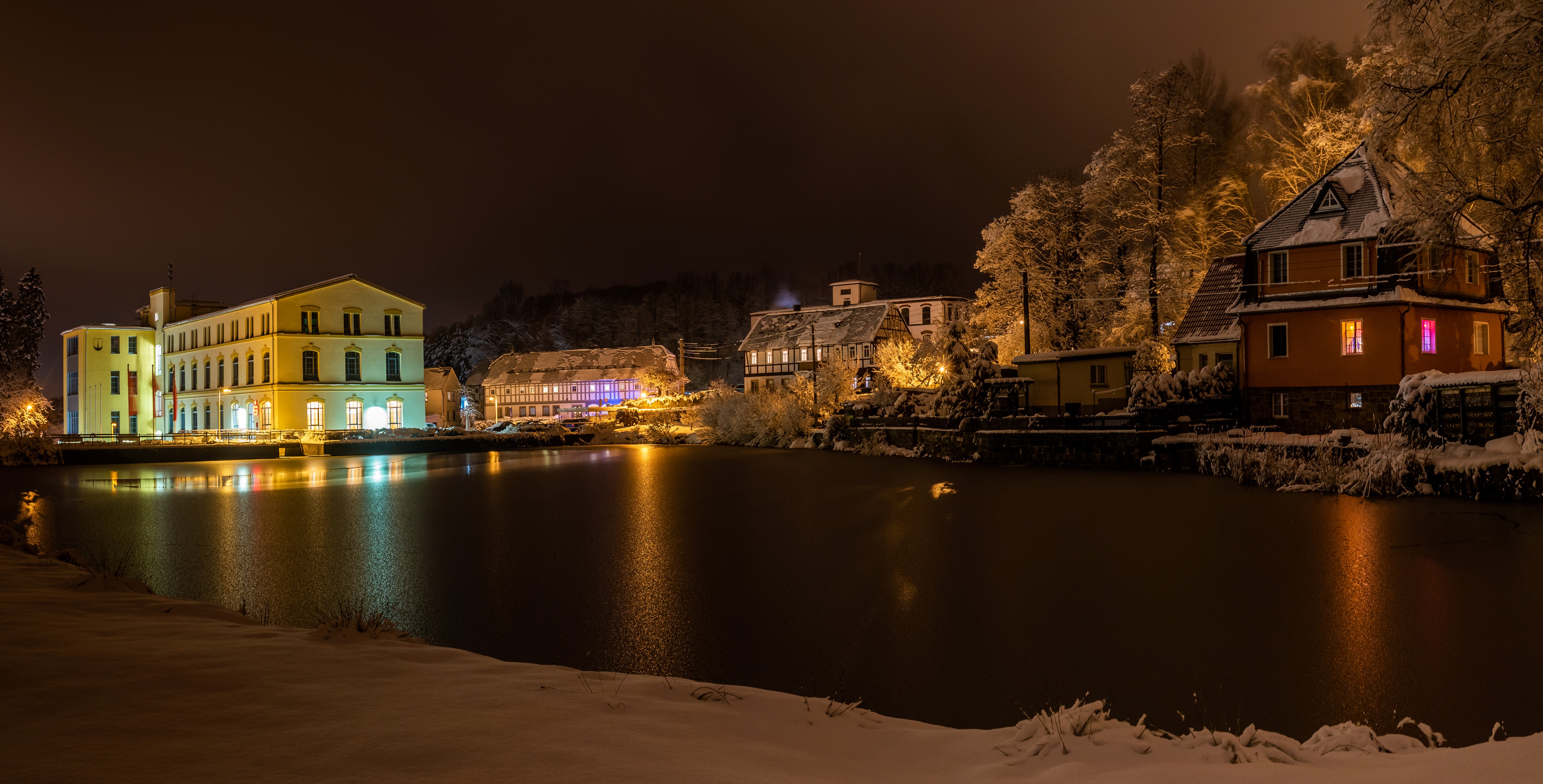 Winter Evening by the River in Cunewalde, Germany HD Wallpaper