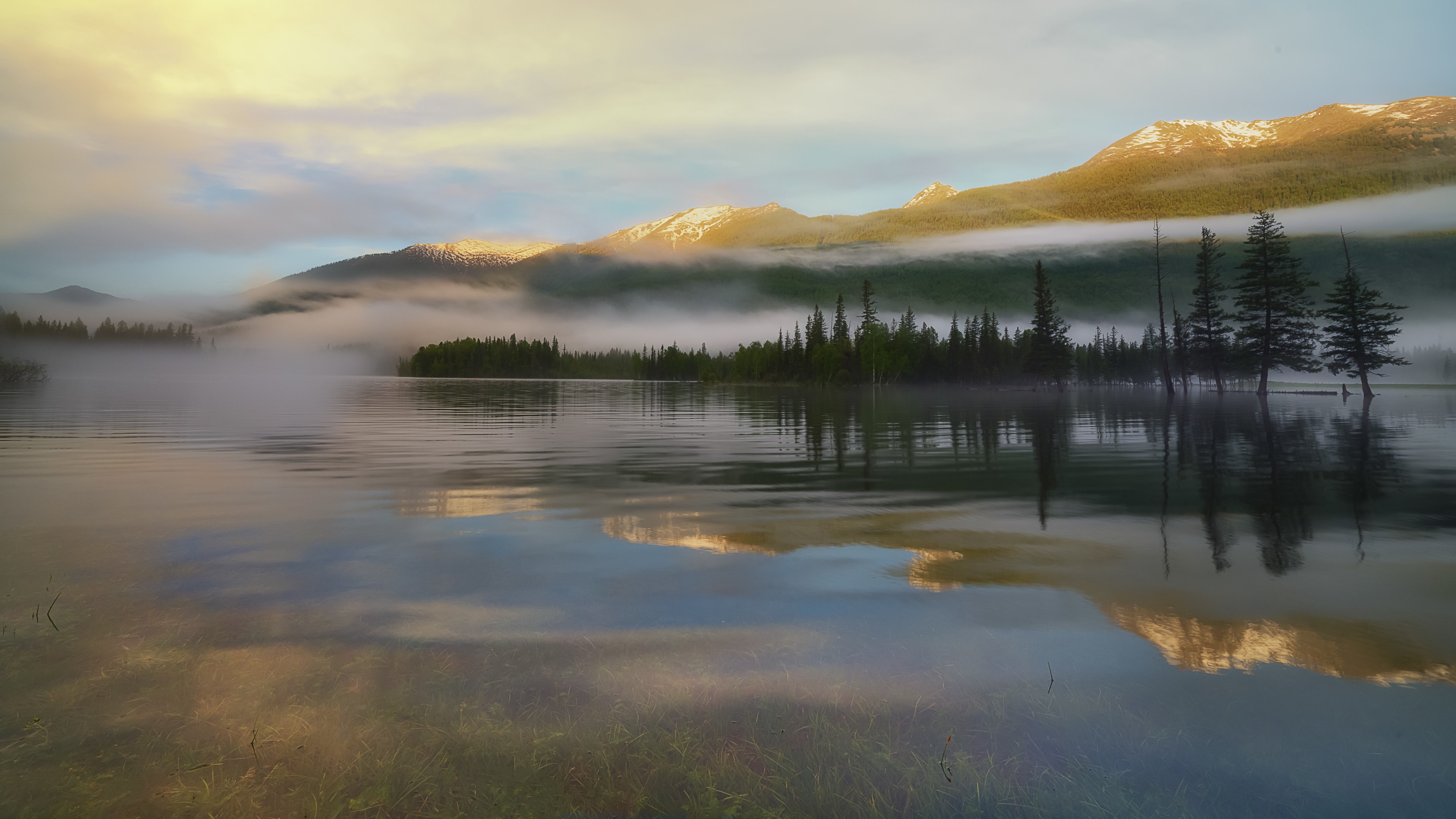 4K Mountains Lake Scenery Fog Southern Altai China HD Wallpaper