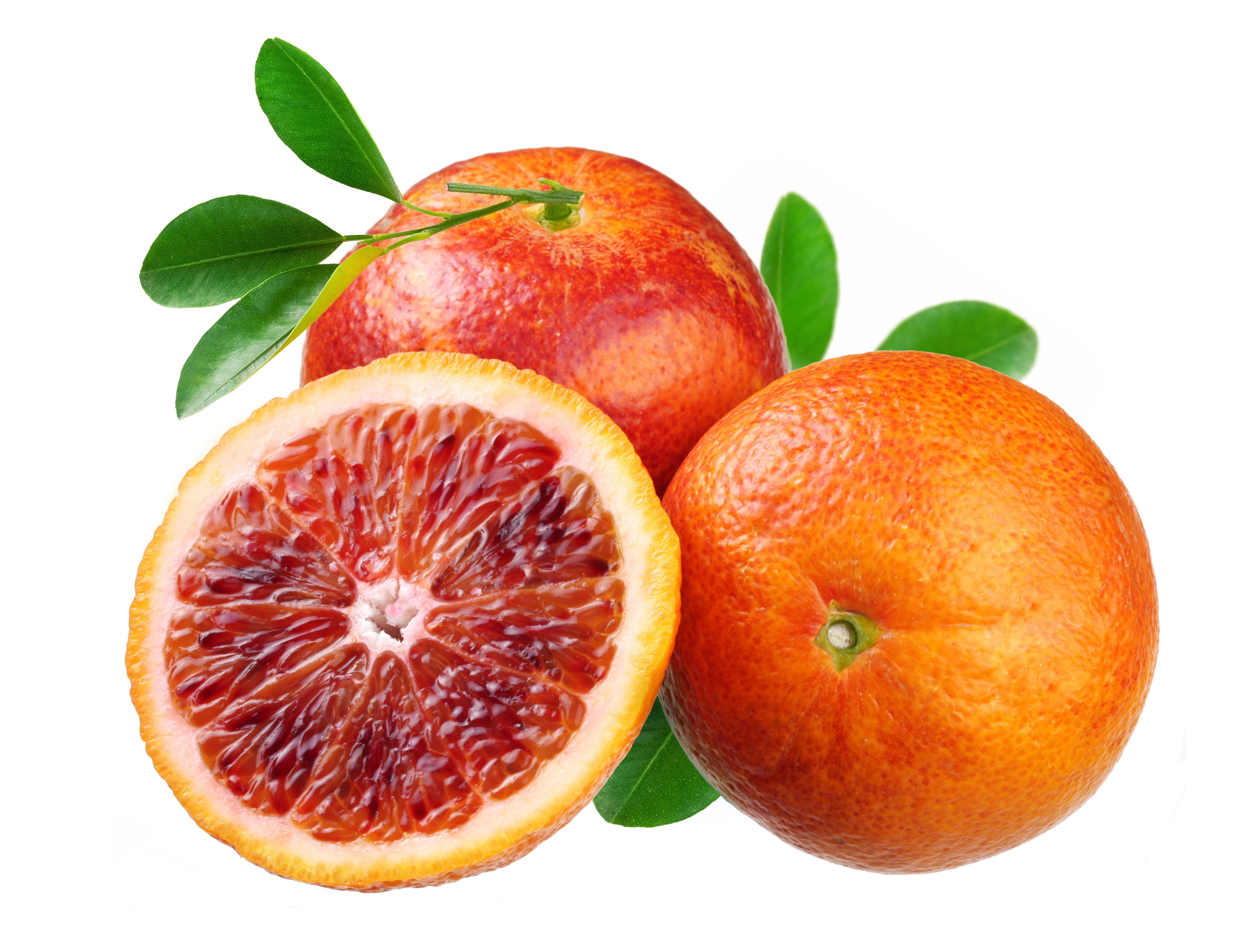 Blood oranges with leaves on white background HD Wallpaper