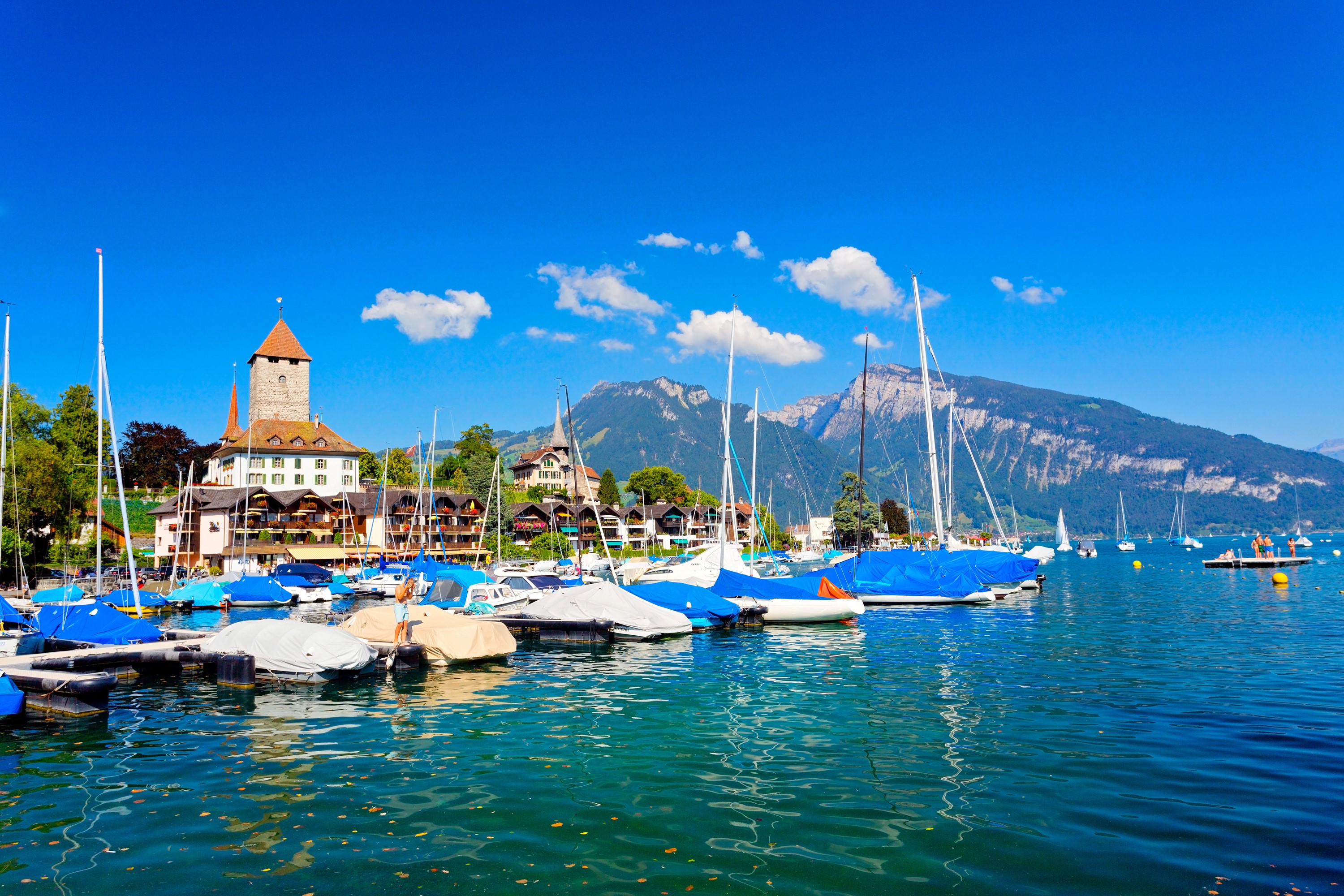 Boats docked on Lake Thun with mountains in the background HD Wallpaper